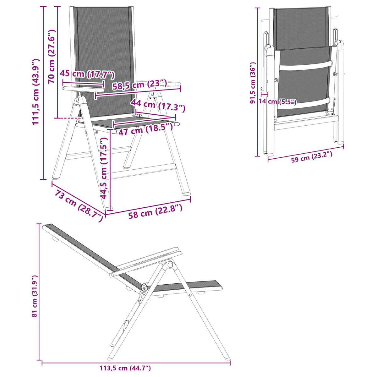 Reclining Garden Chairs 2 pcs Black Textilene