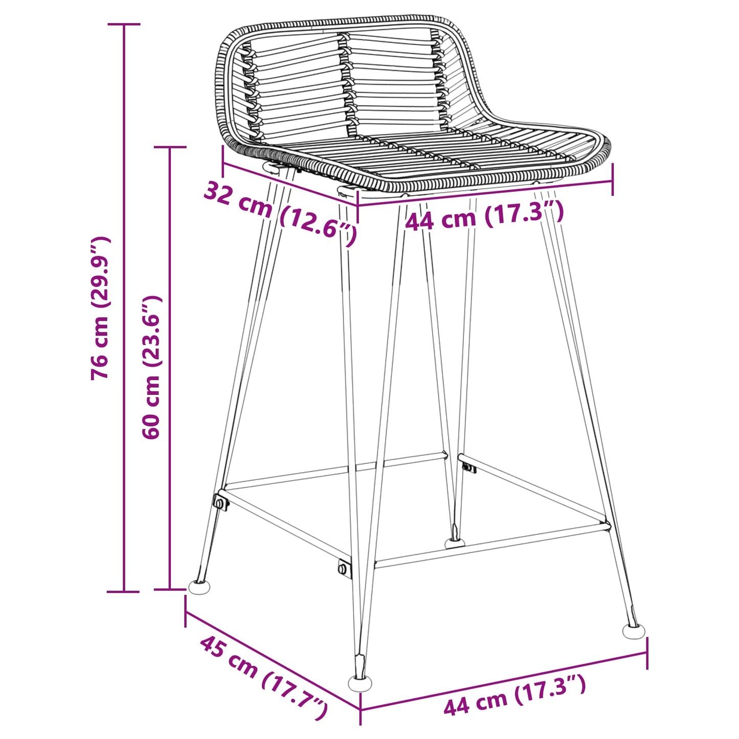 Bar Stool 2 pcs Natural 44 x 45 x 76 cm Rattan and Steel