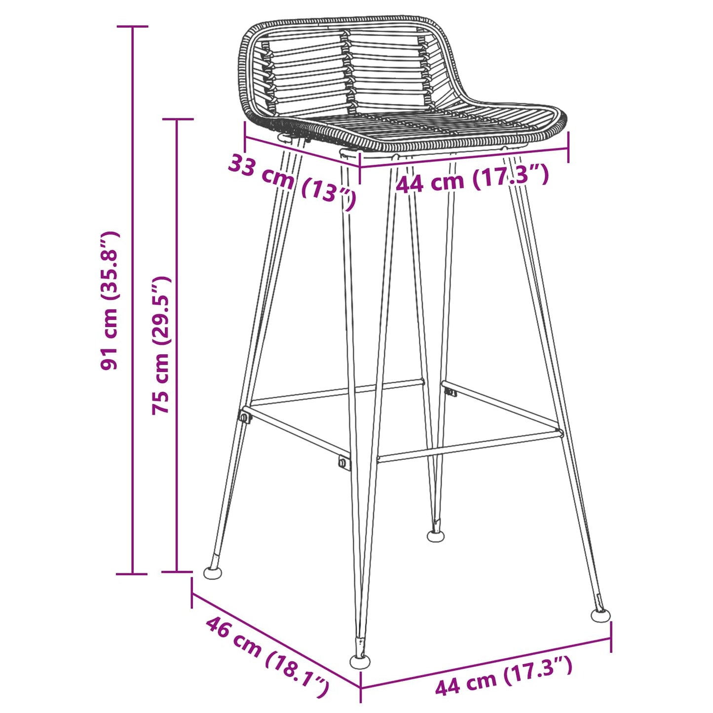 Bar Chair 44 x 46 x 91 cm Rod Iron Dia, 10mm