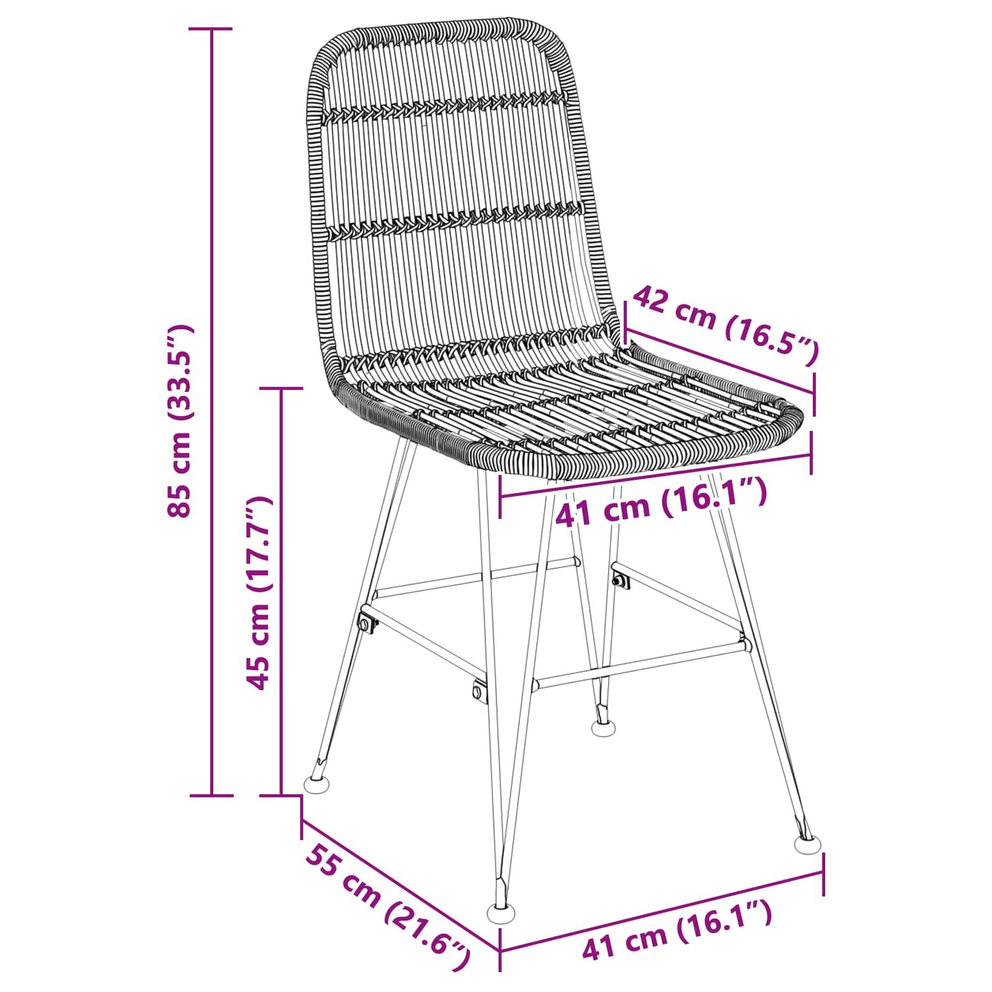 Dinning Chair 2 pcs Rattan and Steel Black 41 x 55 x 85 cm