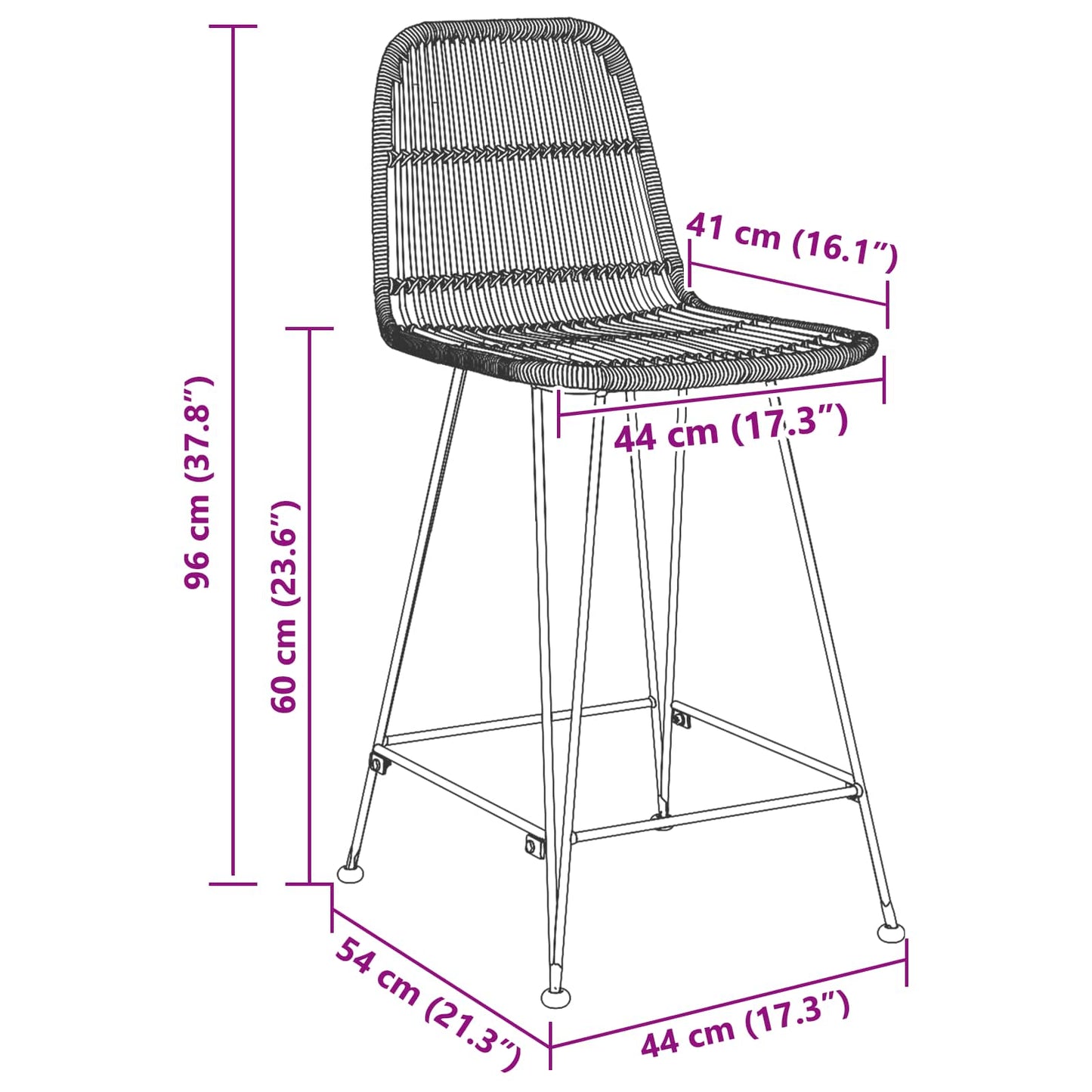 Bar Stool 2 pcs Natural 44 x 54 x 96 cm Rattan and Steel