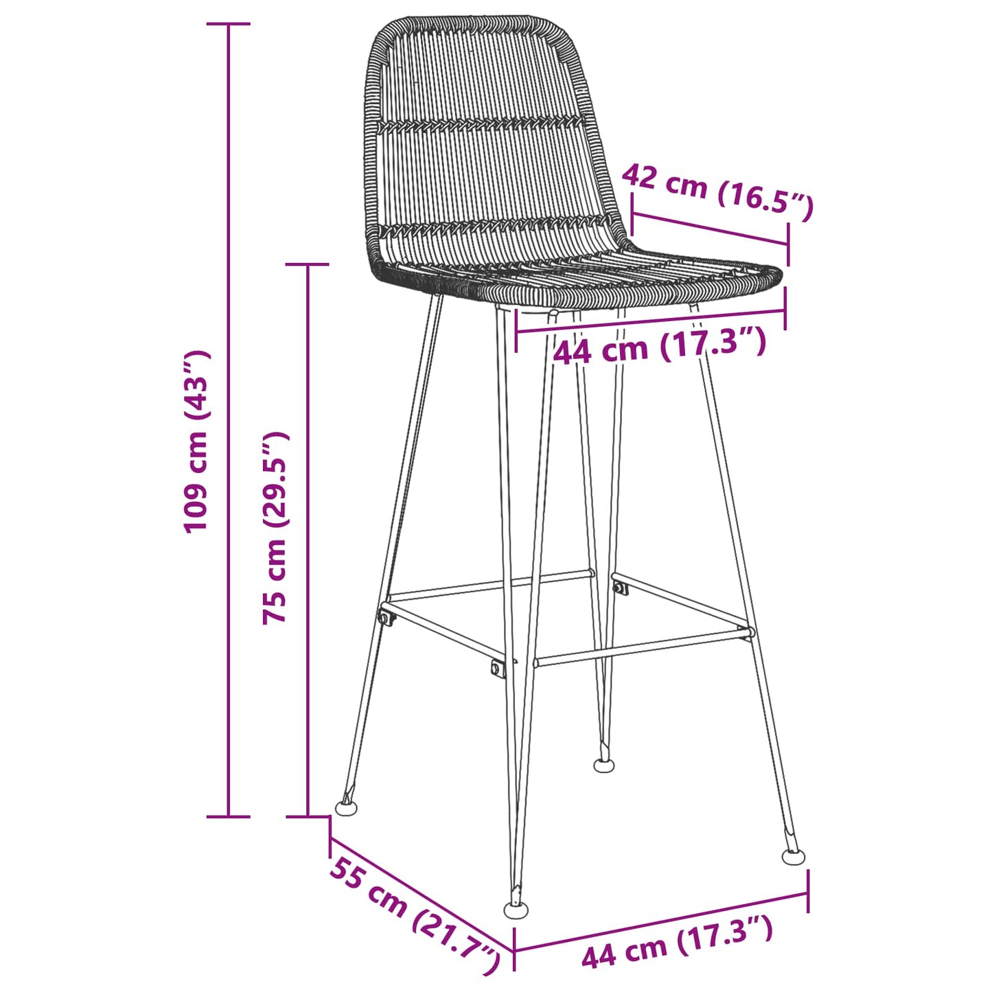 Bar Stool 2 pcs Black 44 x 55 x 109 cm Rattan and Steel