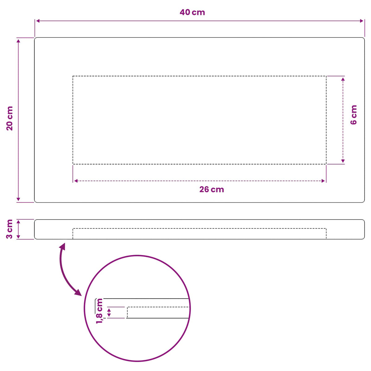 Rectangular Table Top 40 x 20 x 3.5 cm Rectangular White