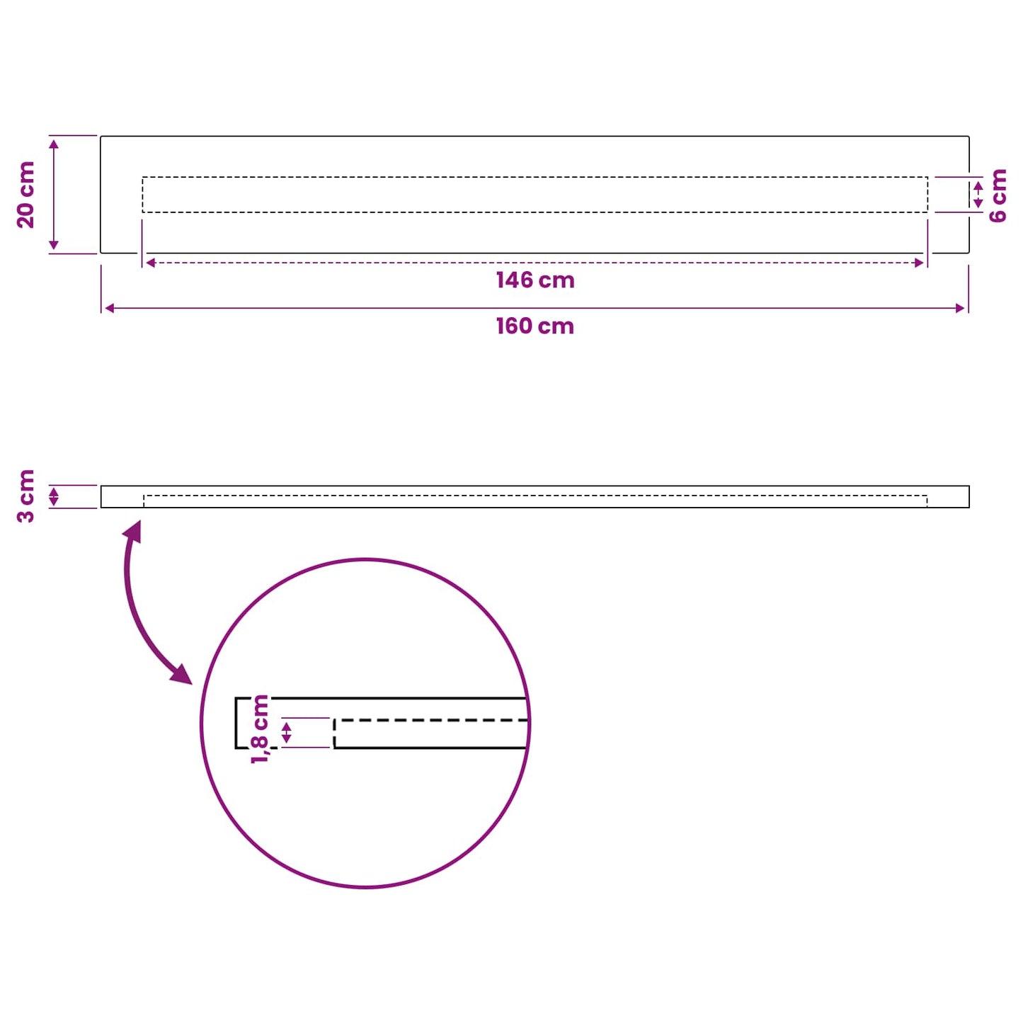 Rectangular Table Top 160 x 20 x 3.5 cm Rectangular White