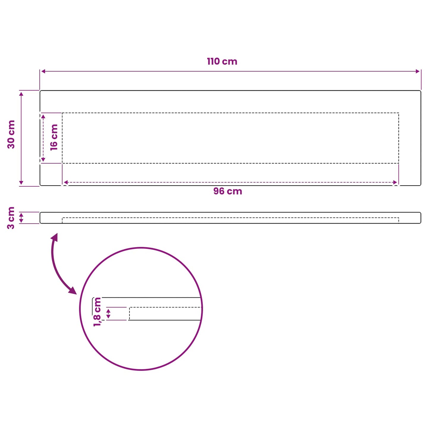 Rectangular Table Top 110 x 30 x 3.5 cm Rectangular White