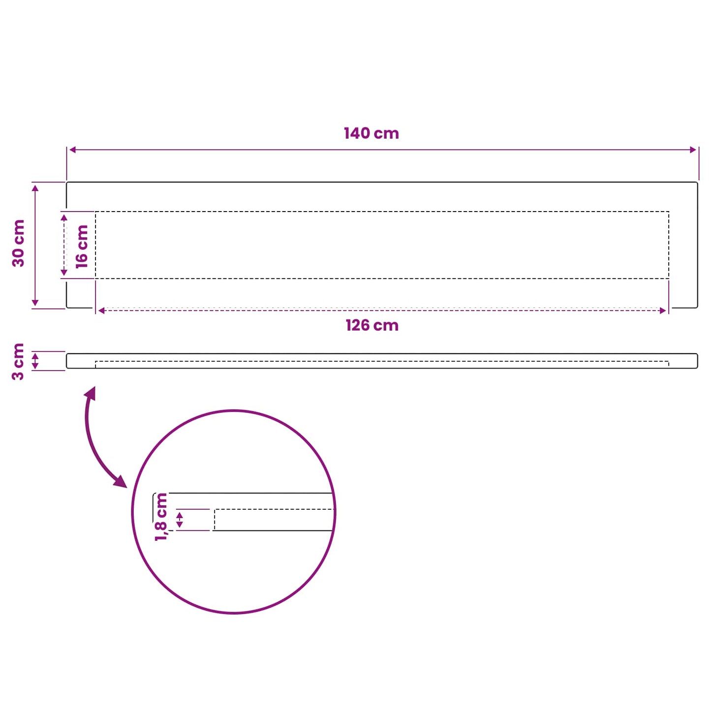Rectangular Table Top 140 x 30 x 3.5 cm Rectangular White