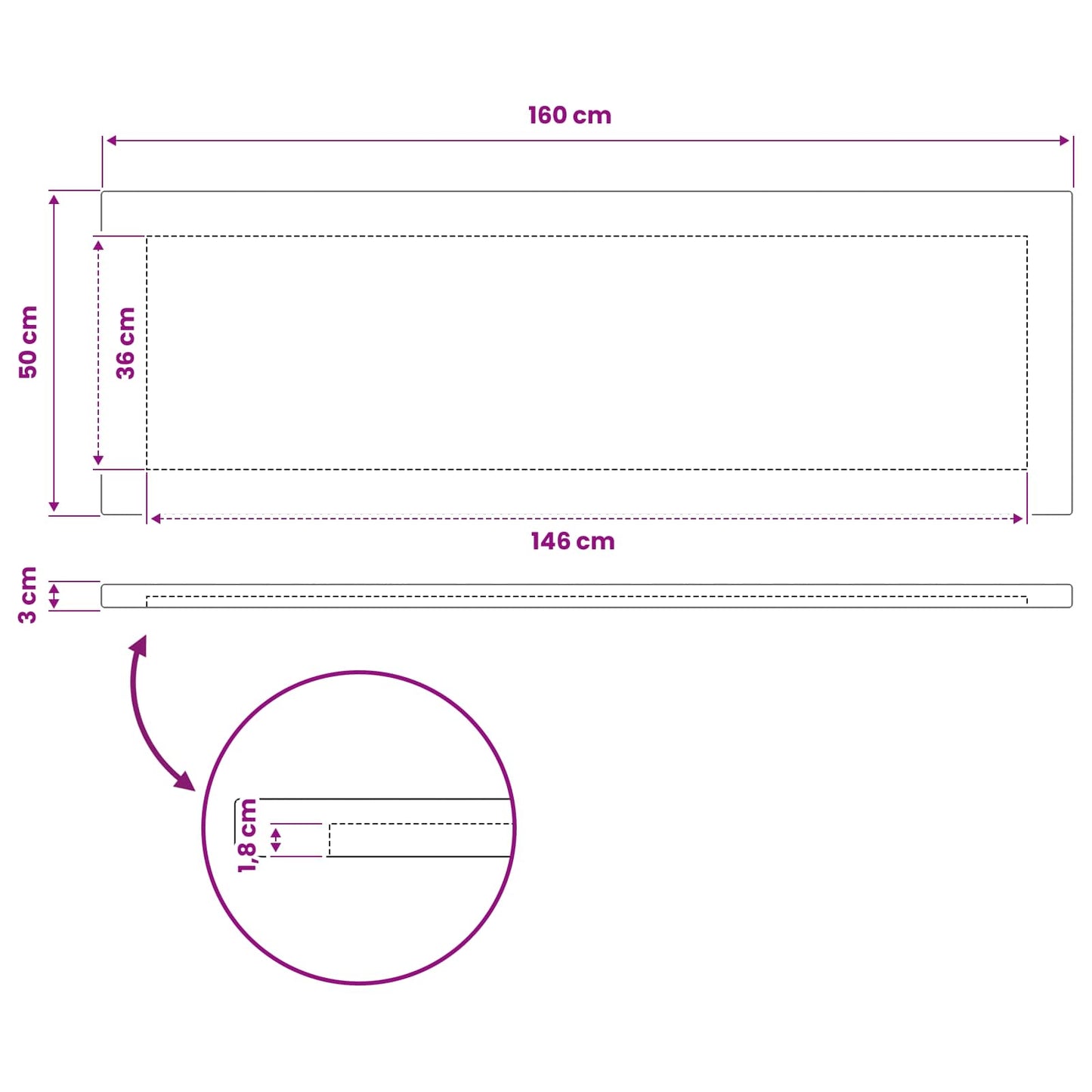 Rectangular Table Top 160 x 50 x 3.5 cm Rectangular White