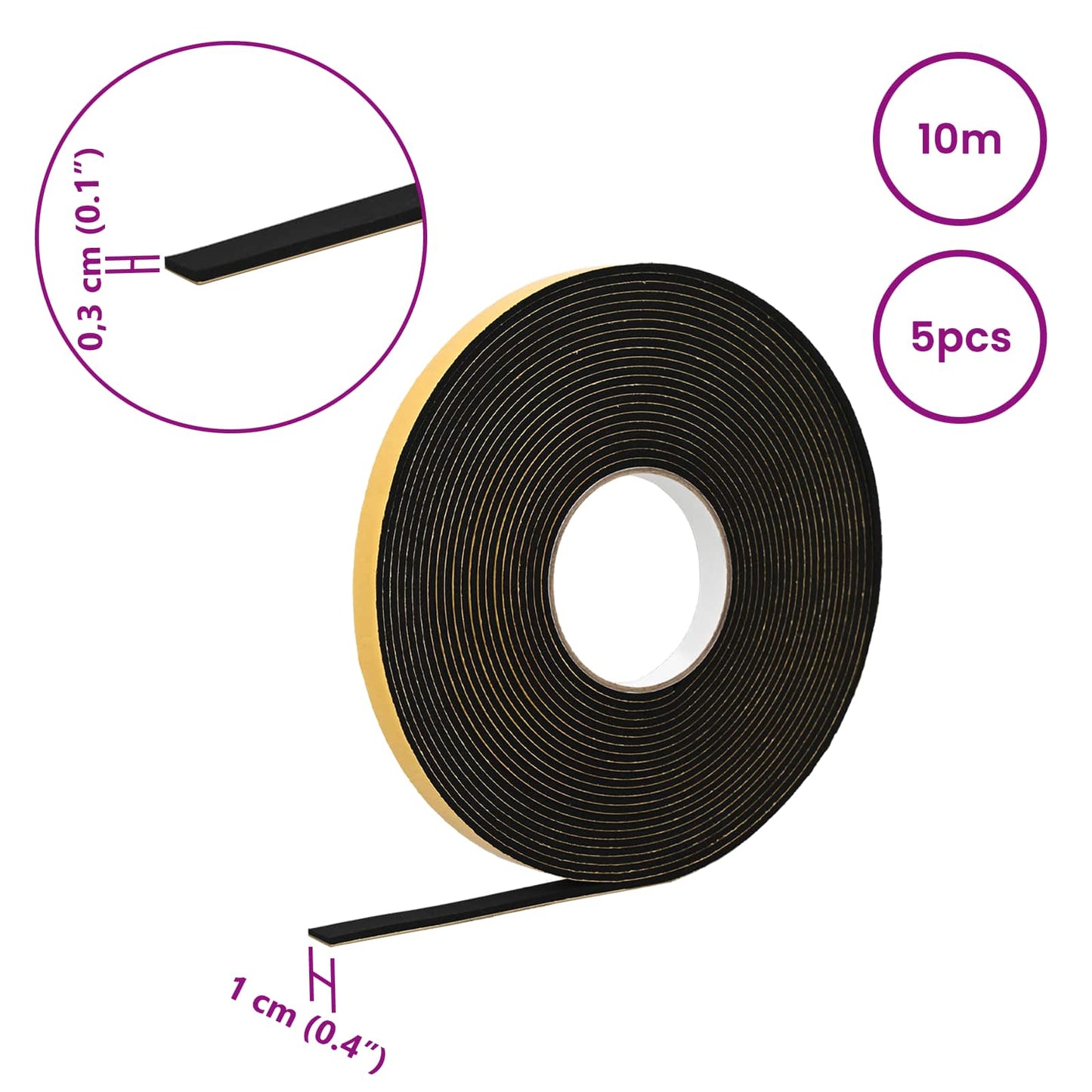 Self-adhesive Foam Tape 5 pcs Black 10mm x 10m CR Foam