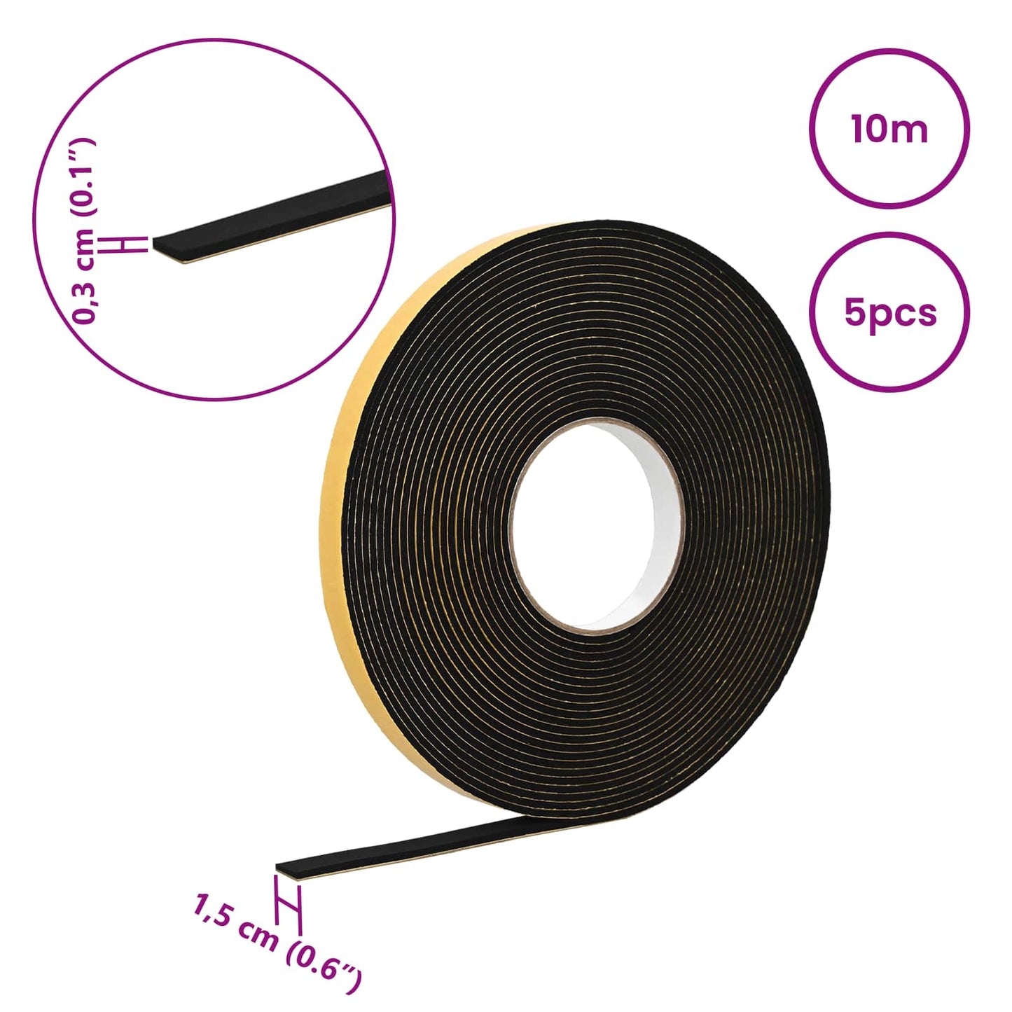 Self-adhesive Foam Tape 5 pcs Black 15mm x 10m CR Foam