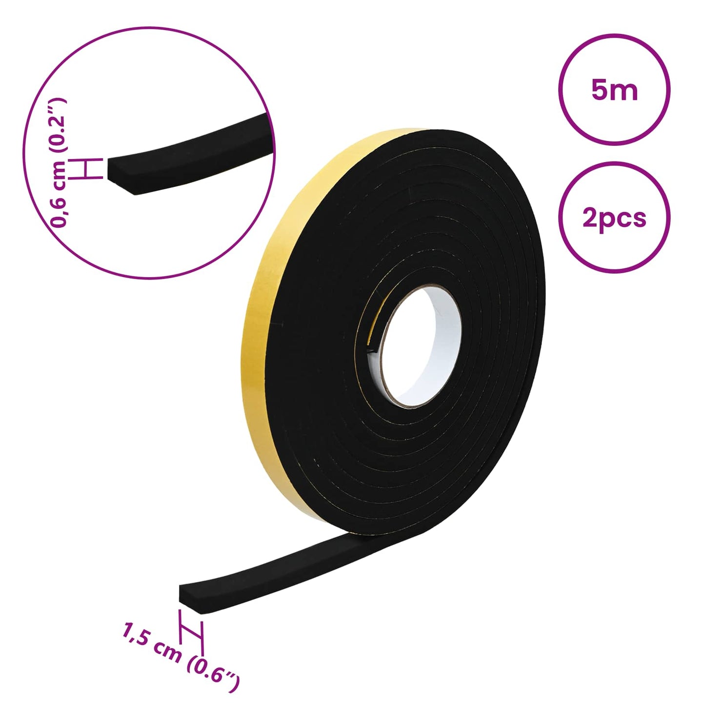 Self-adhesive Foam Tape 2 pcs Black 15mm x 5m CR Foam
