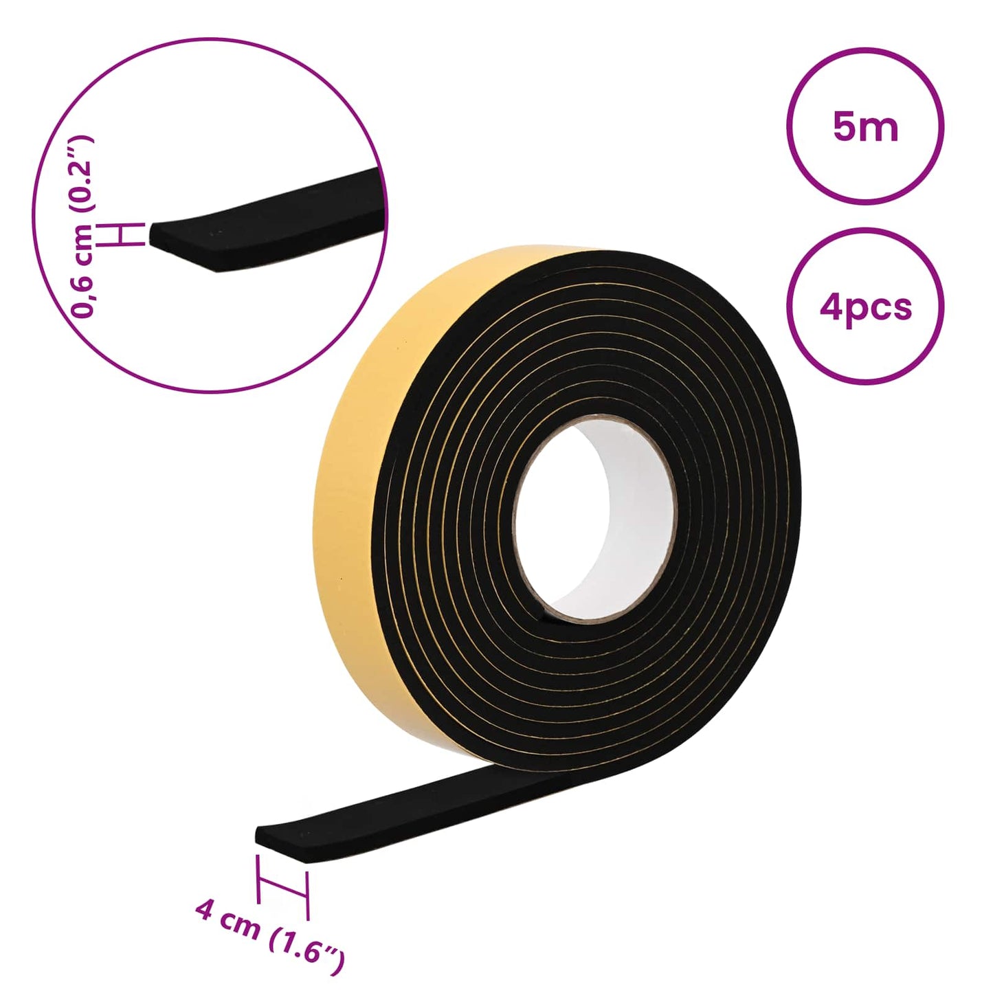 Self-adhesive Foam Tape 4 pcs Black 40mm x 5m CR Foam