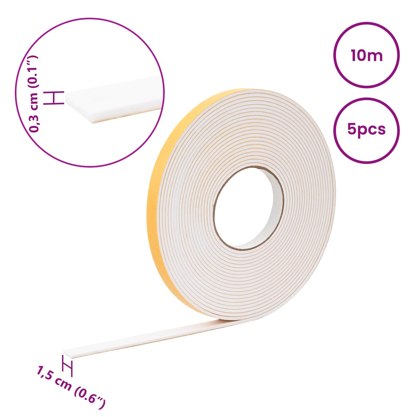 Self-adhesive Foam Tape 5 pcs White 15mm x 10m CR Foam