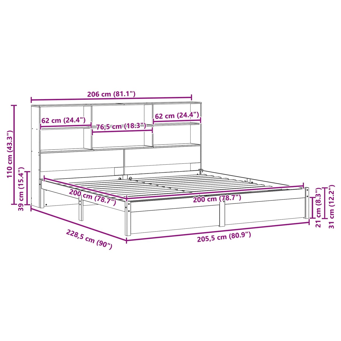 Bed Frame with Storage Headboard Wax Brown 200 x 200 cm