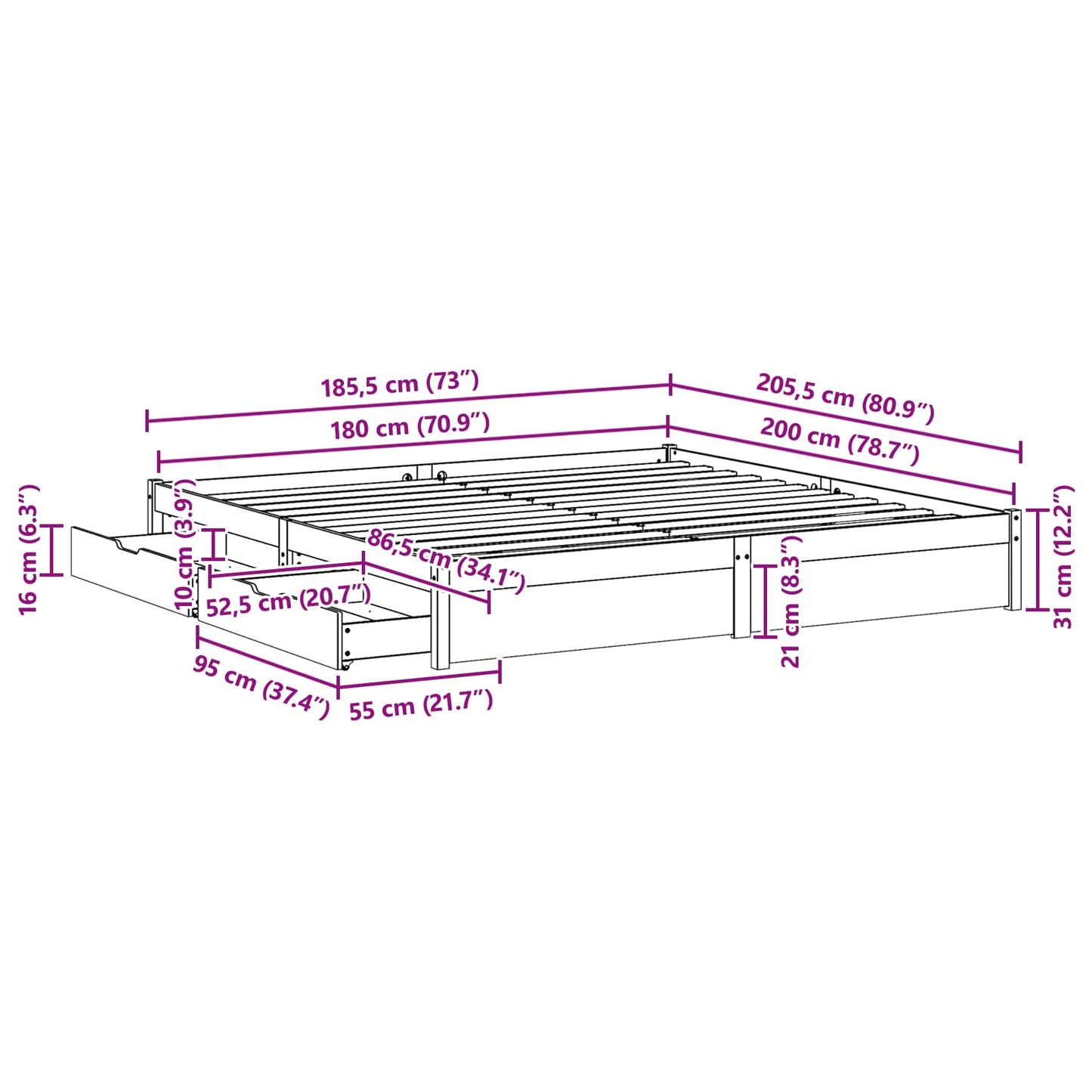 Bed Frame with Drawer Wax Brown 180 x 200 cm Solid Pine Wood