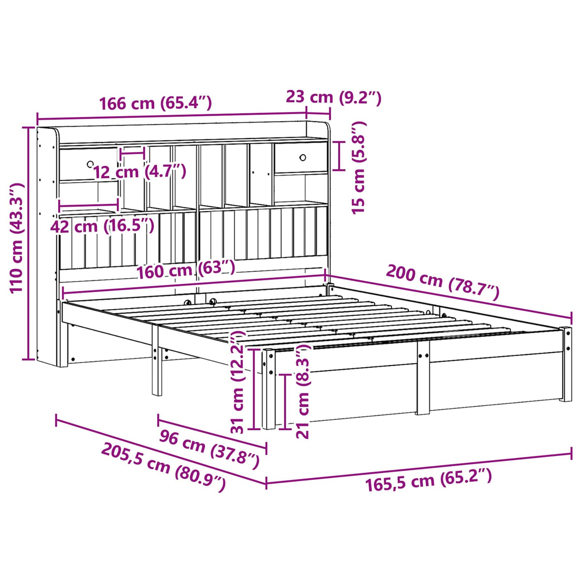 Bookcase Bed Frame Plain Wax Brown 200 x 160 cm Solid Pine Wood