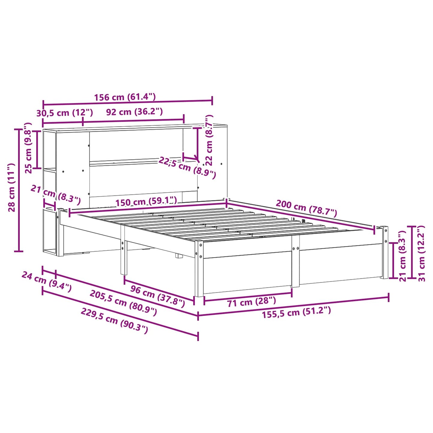 Bed Frame with Storage Headboard Wax Brown 150 x 200 cm