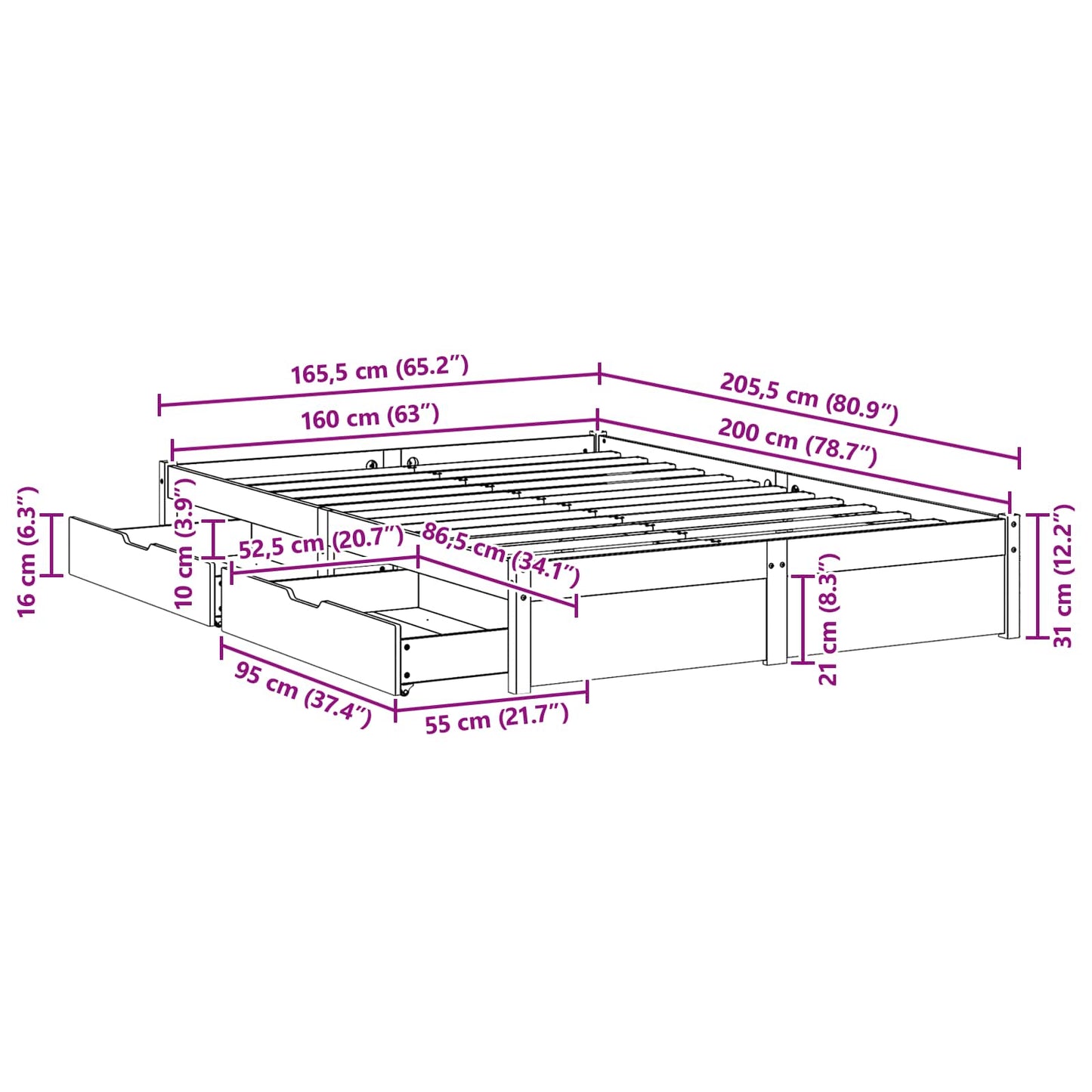 Bed Frame with Drawer Wax Brown 160 x 200 cm Solid Pine Wood