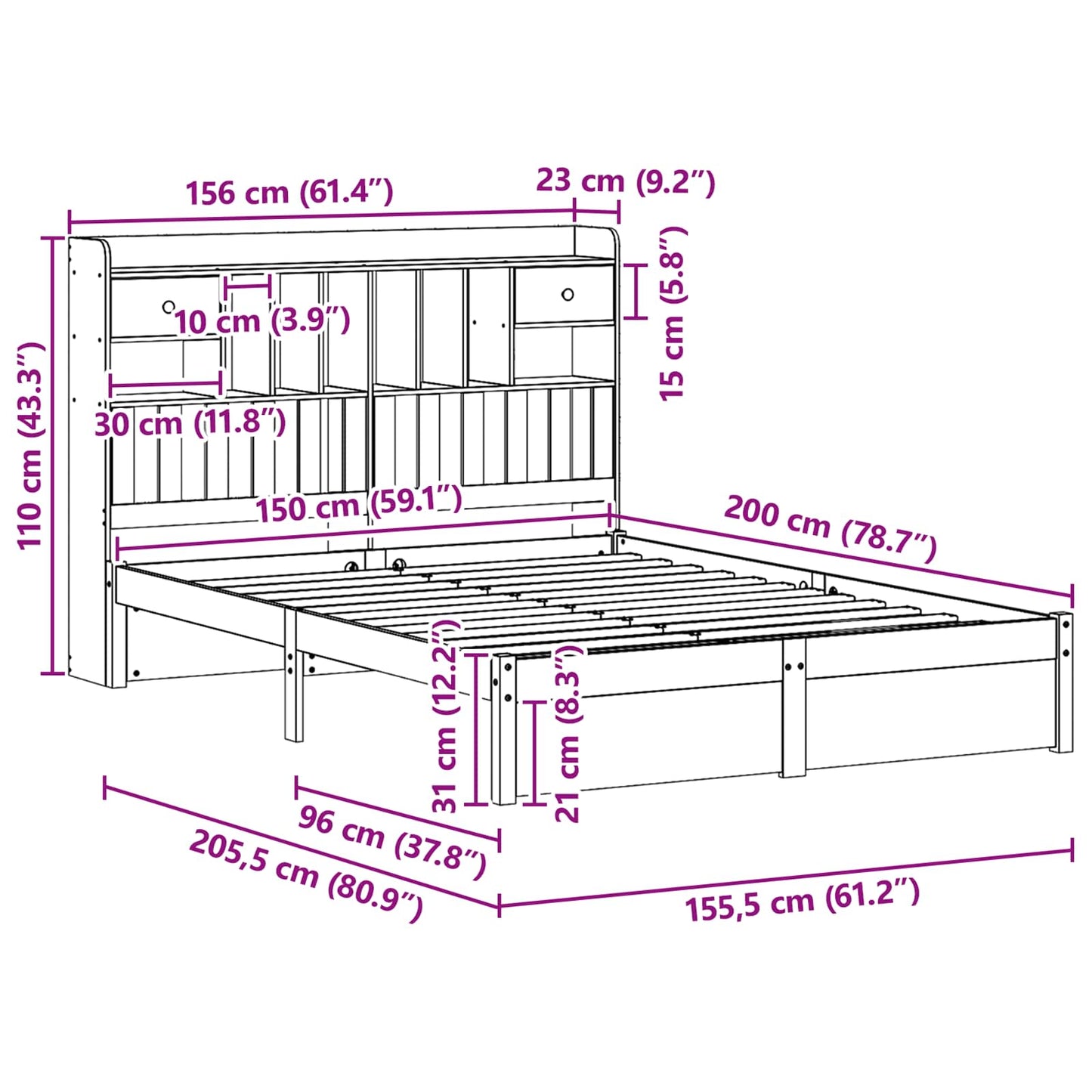 Bookcase Bed Frame Plain Wax Brown 200 x 150 cm Solid Pine Wood