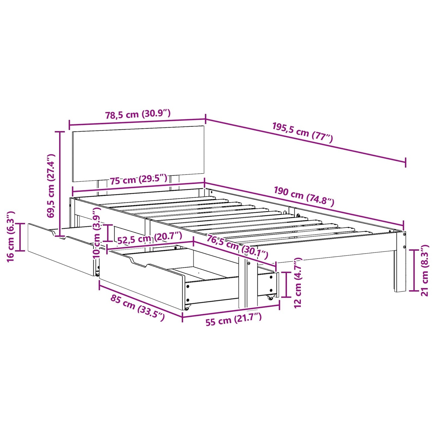 Bed Frame with Headboard Wax Brown 70 x 190 cm Solid Pine Wood