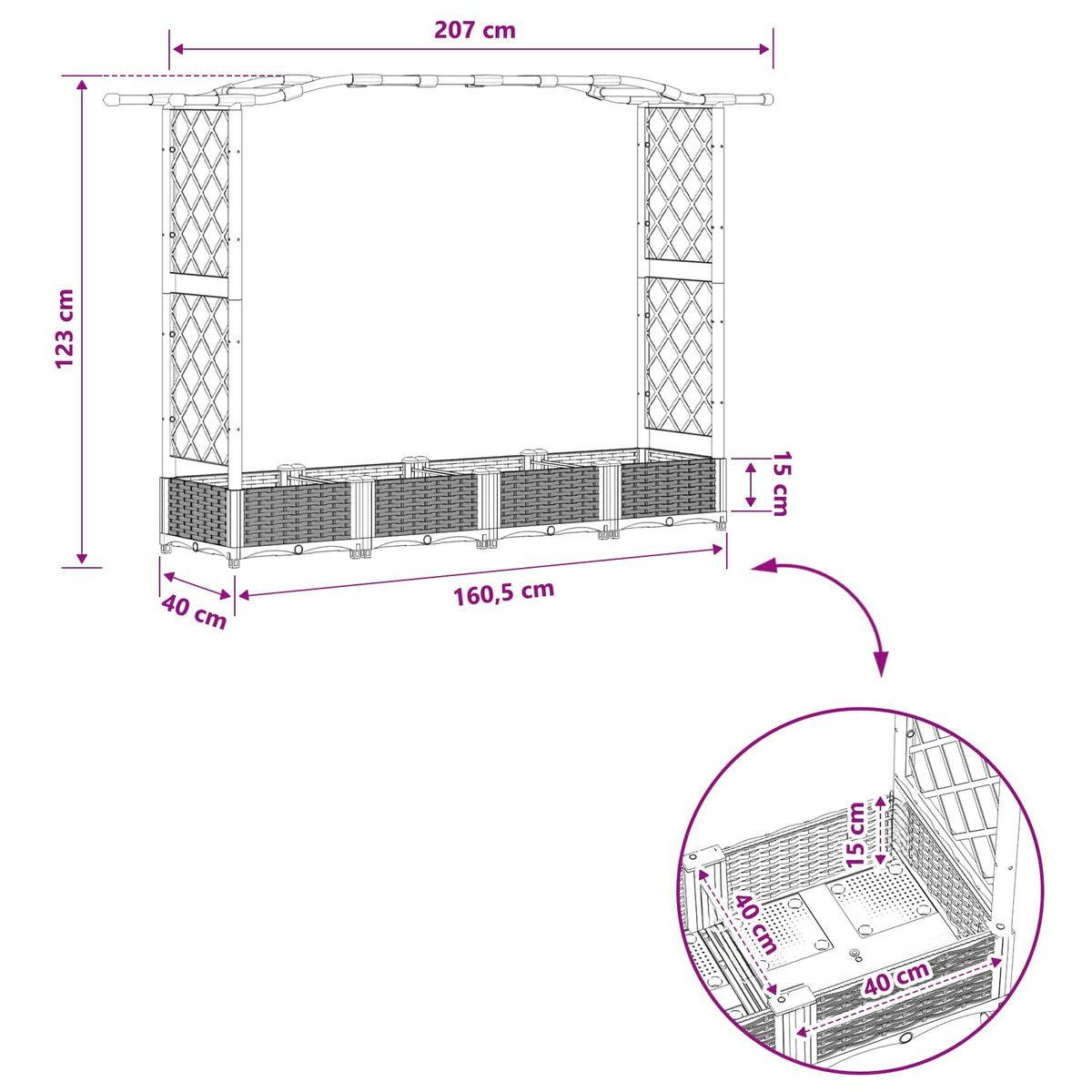 Raised Bed with Trellis and Roof Black 207 x 40 x 123 cm PP