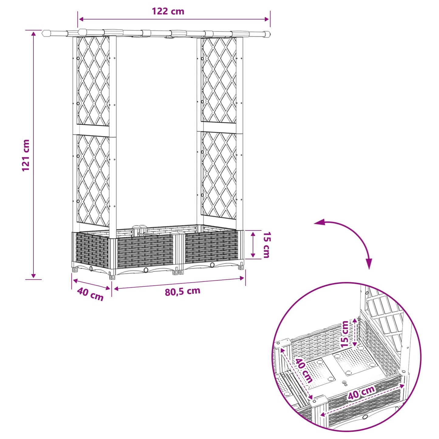 Raised Bed with Trellis and Roof Black 122.5 x 40 x 121 cm PP