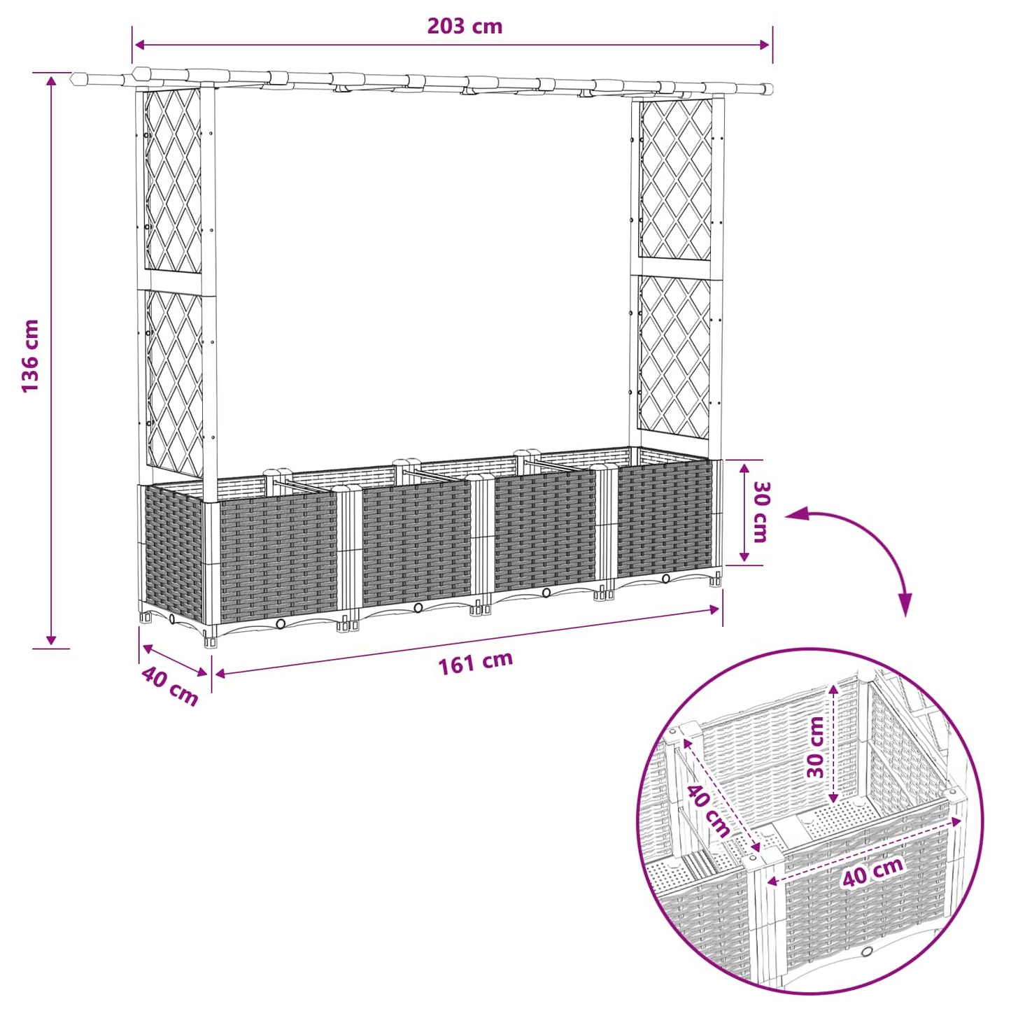 Raised Bed with Trellis and Roof Grey 203 x 40 x 136 cm PP