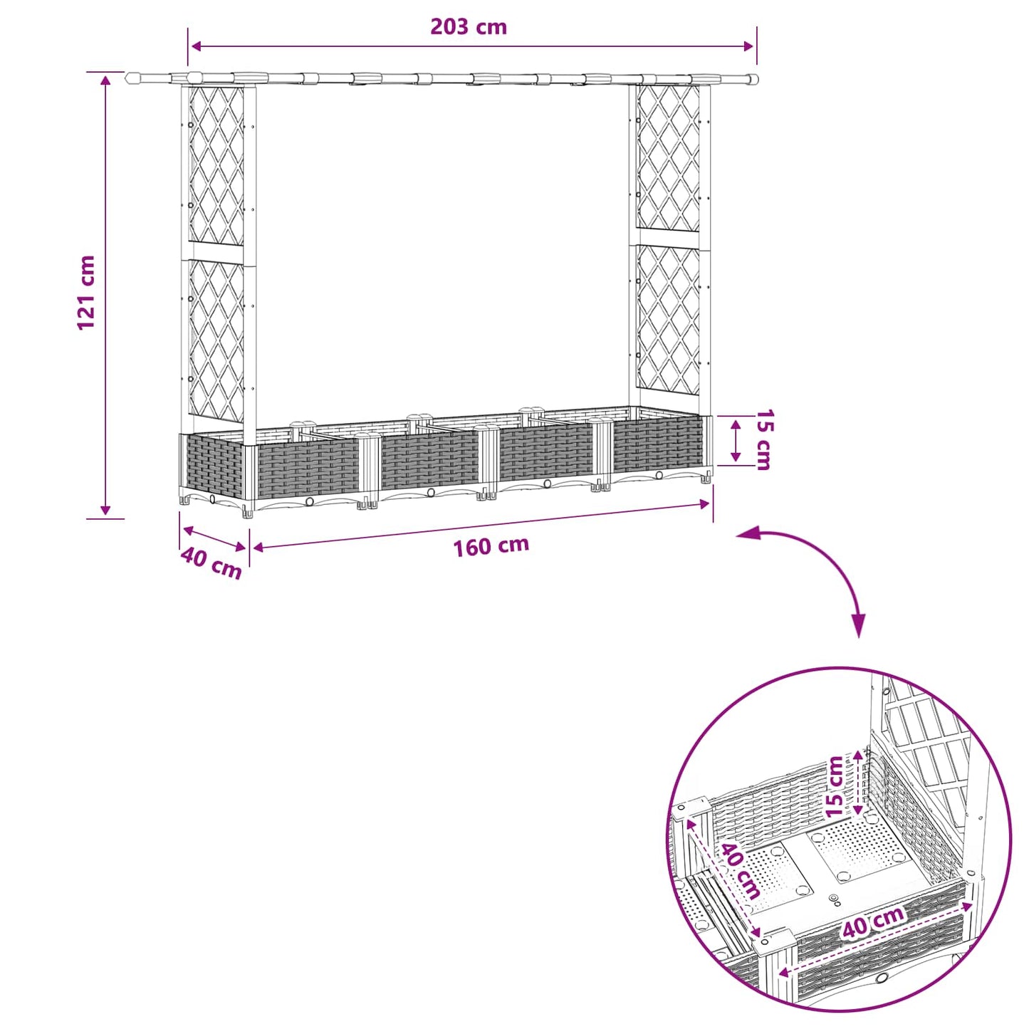 Raised Bed with Trellis and Roof Light Grey 203 x 40 x 121 cm