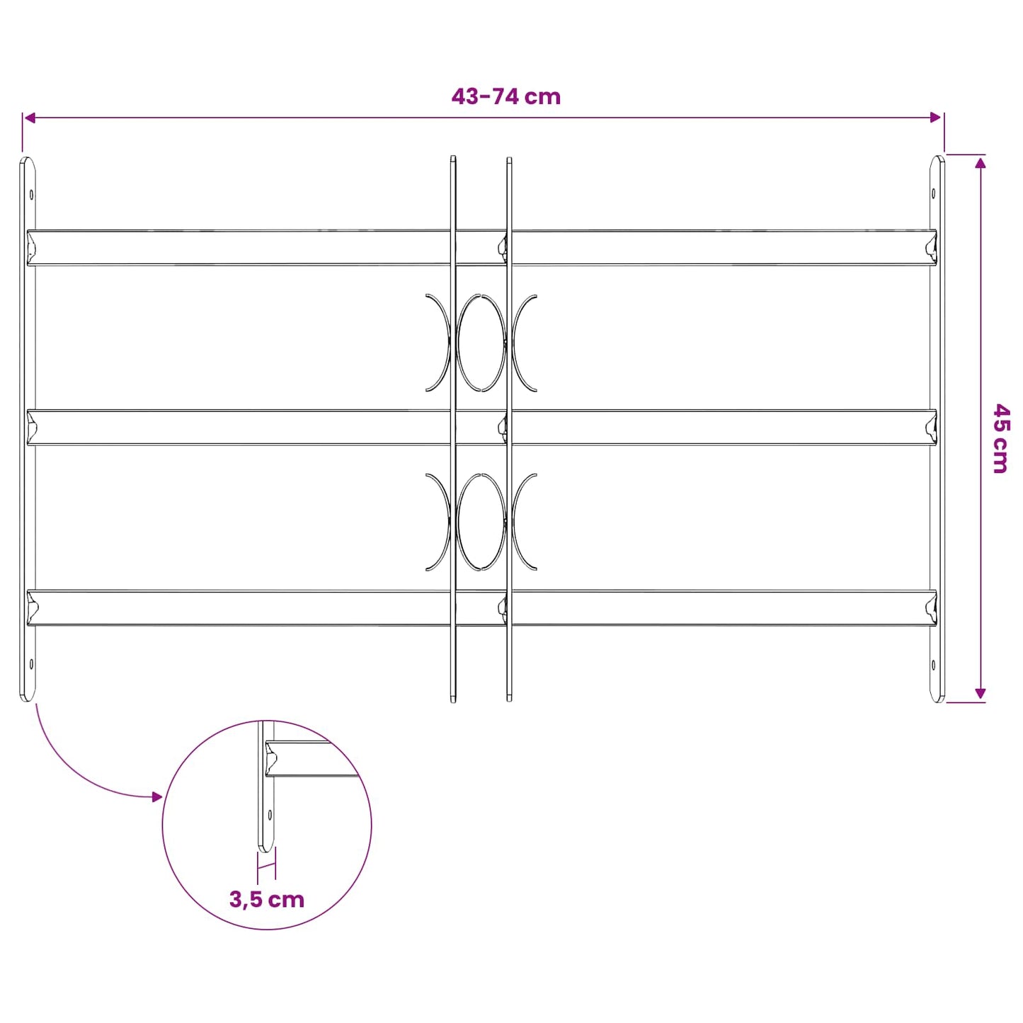 Security Grille for Windows with 3 Crossbars 43-74 cm