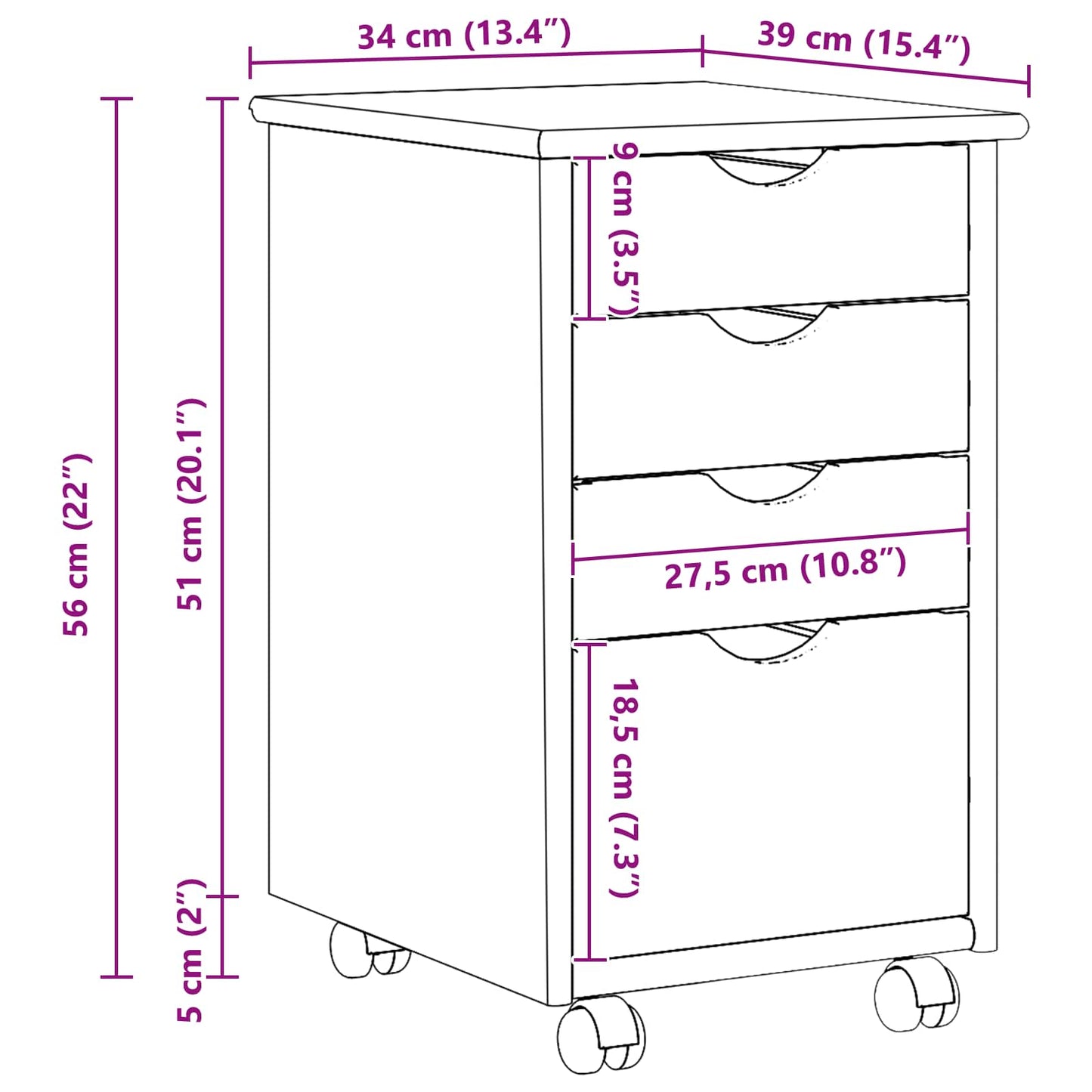 Rolling Cabinet Brown 34 x 39 x 56 cm Solid Pine Wood