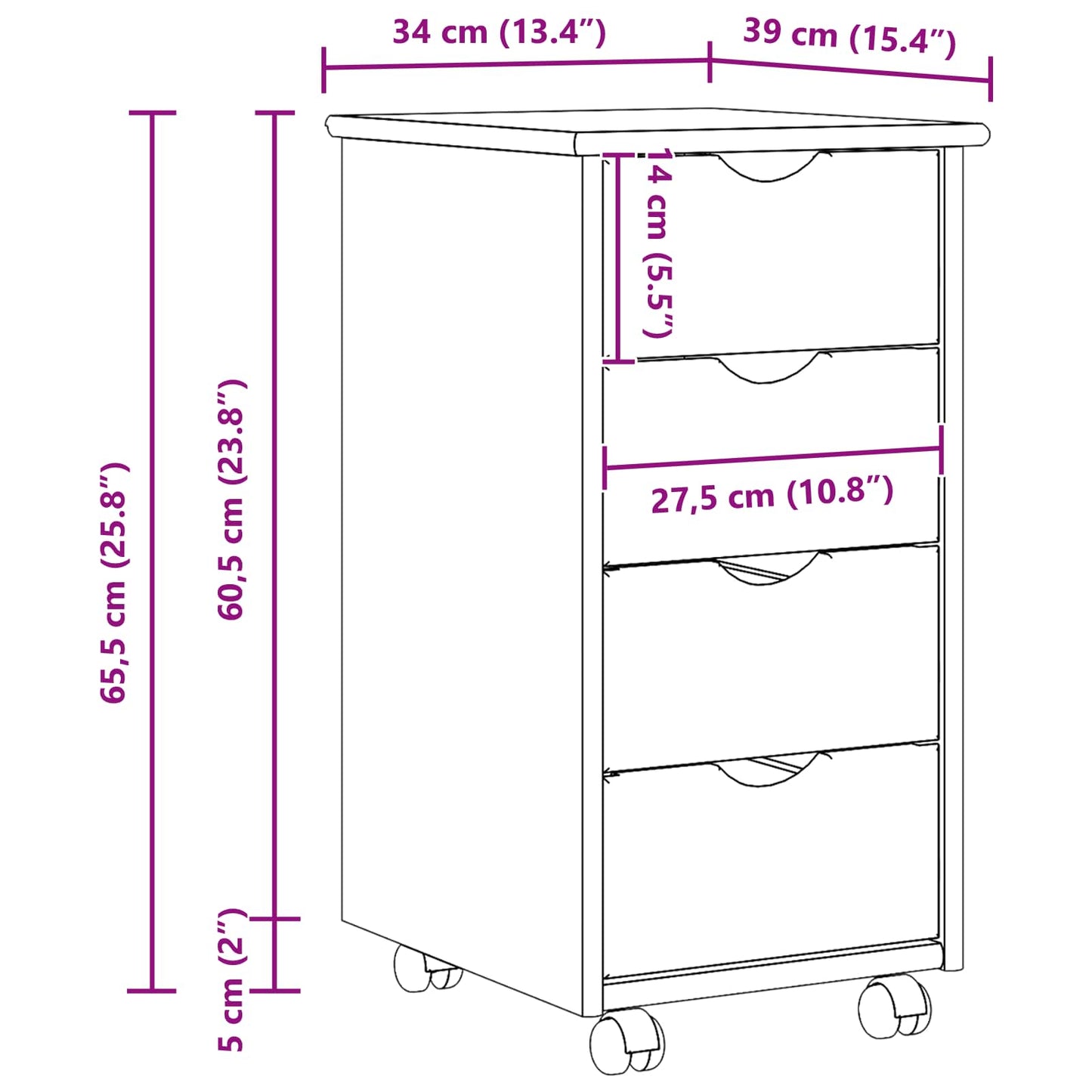 Rolling Cabinet 34 x 39 x 65.5 cm Solid Pine Wood Brown