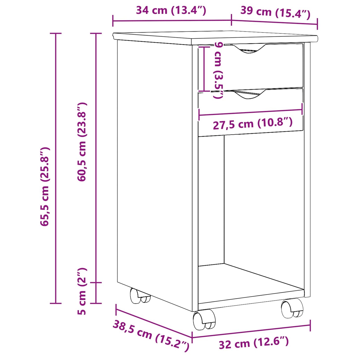 Rolling Cabinet 34 x 39 x 65.5 cm Solid Pine Wood Brown