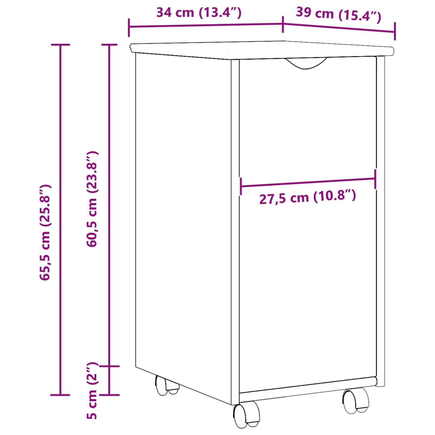 Rolling Cabinet Brown 34 x 39 x 65.5 cm Solid Pine Wood