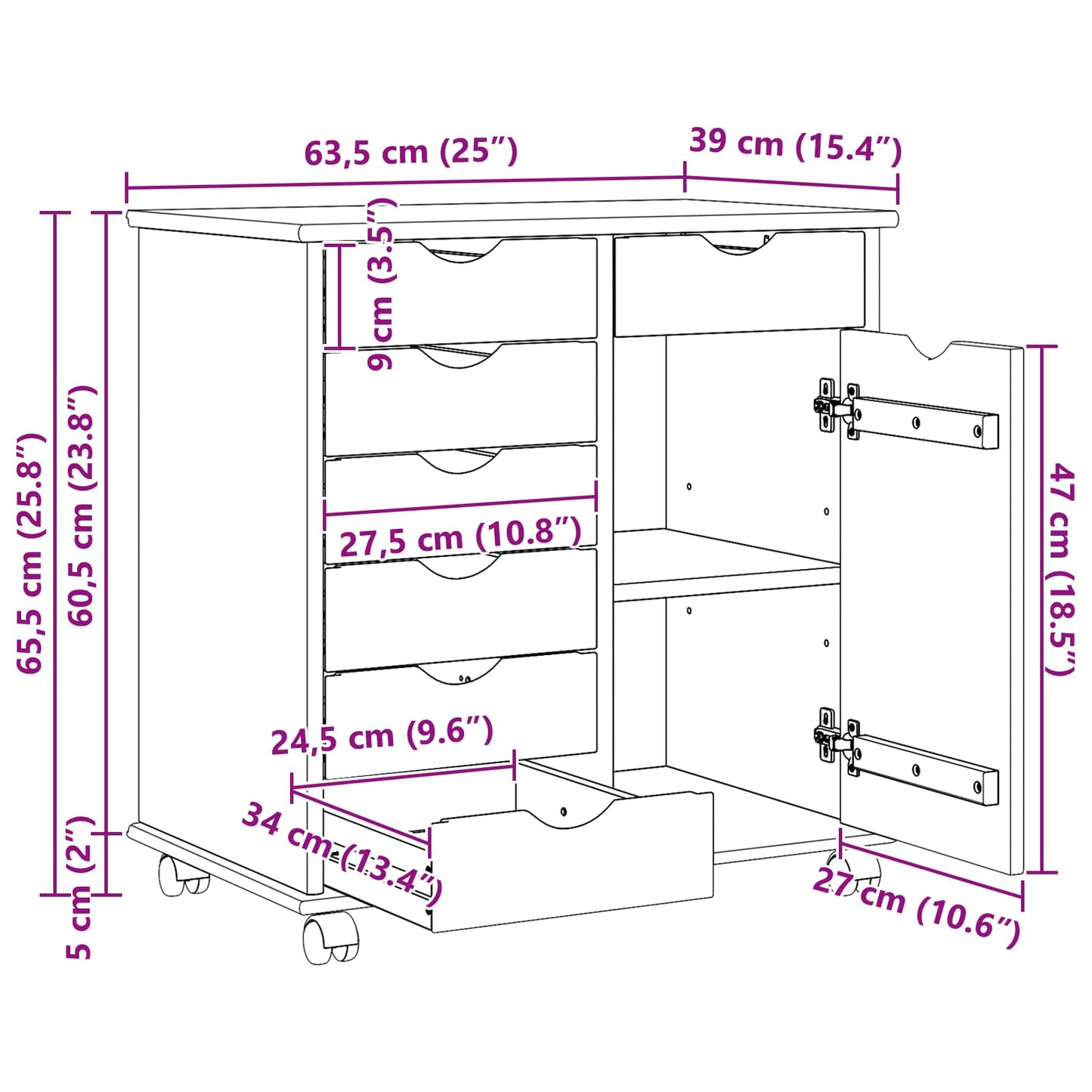 Rolling Cabinet 63.5 x 39 x 65.5 cm Solid Pine Wood Brown