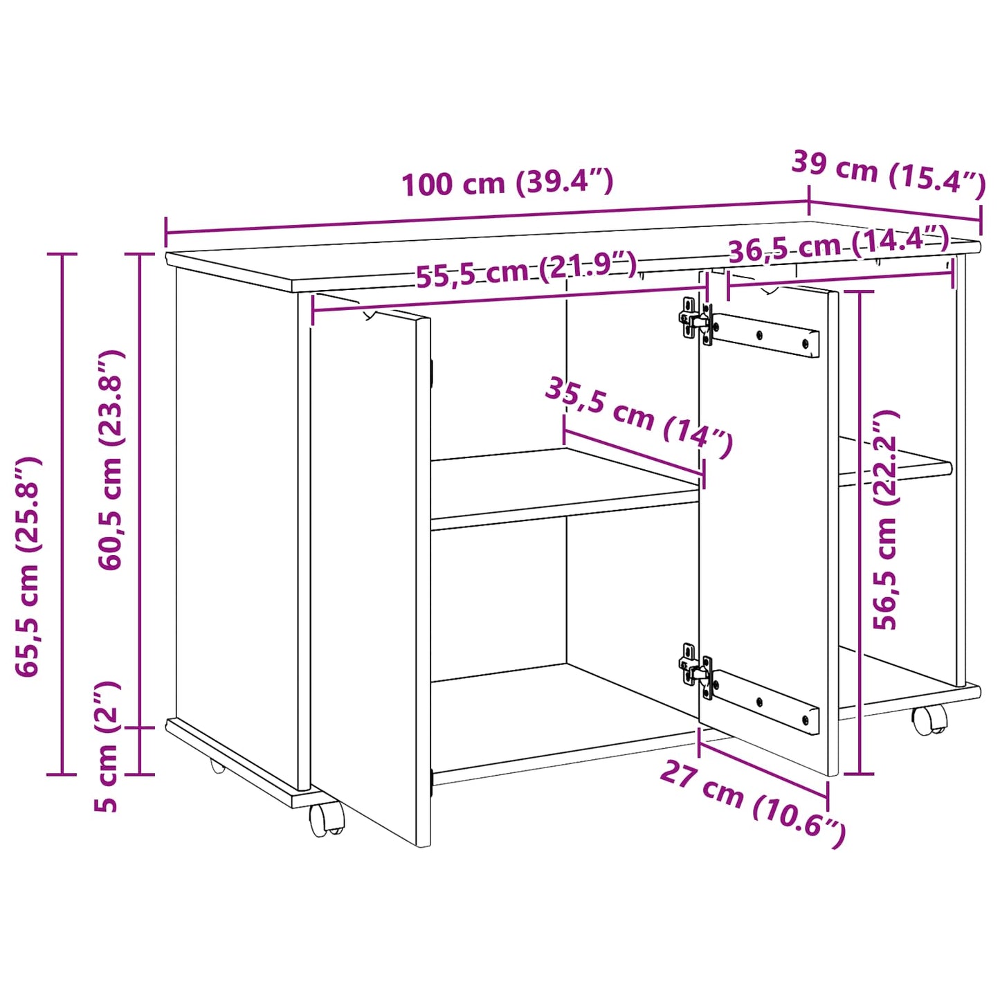 Rolling Cabinet Brown 100 x 39 x 65.5 cm Solid Pine Wood