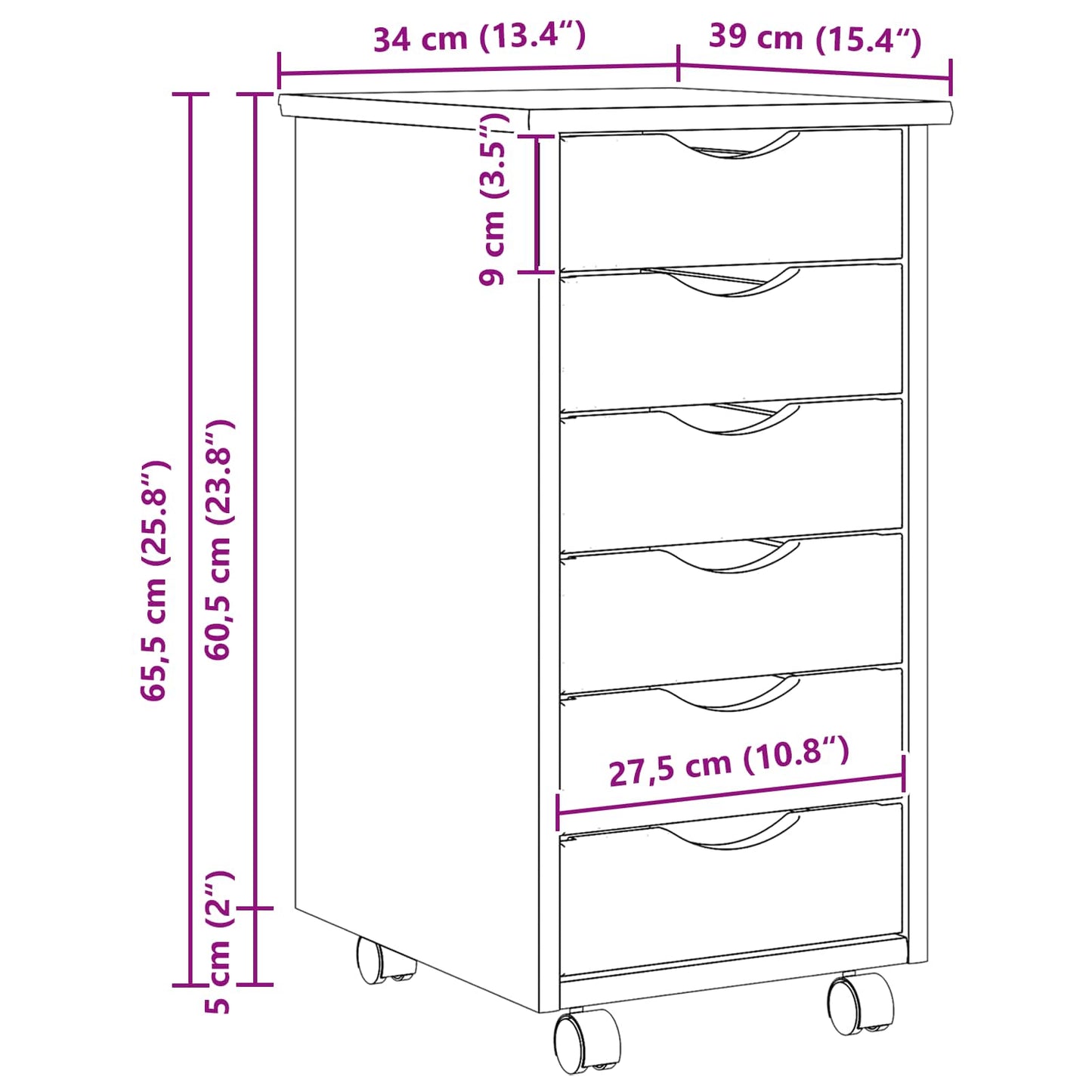 Rolling Cabinet with Drawers MOSS 34 x 39 x 65.5 cm