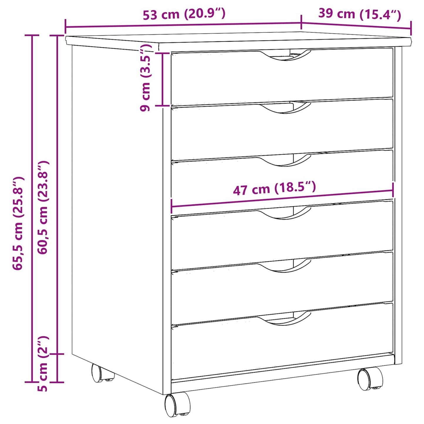 Rolling Cabinet with Drawers MOSS 53 x 39 x 65.5 cm