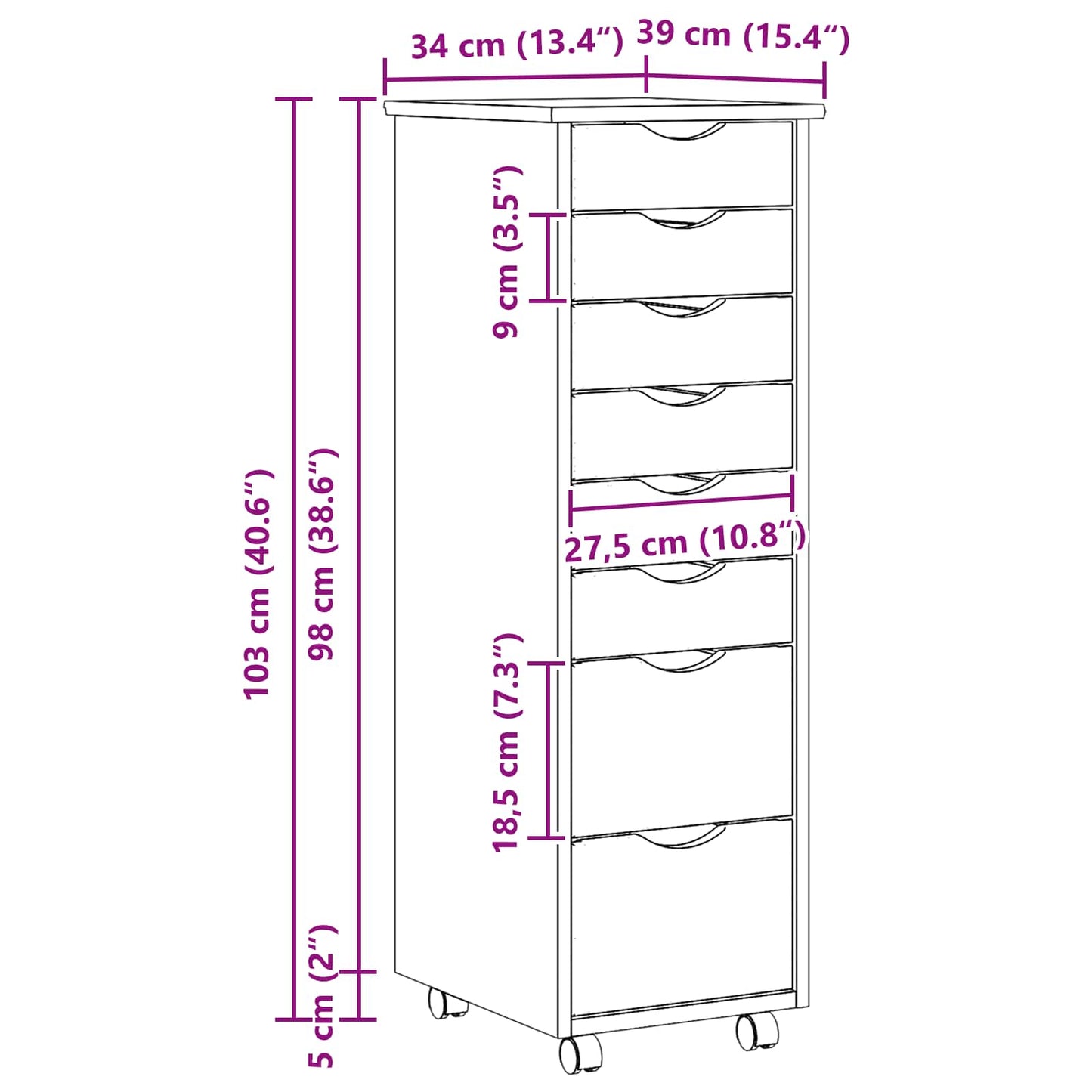 Rolling Cabinet with Drawers MOSS 34 x 39 x 103 cm