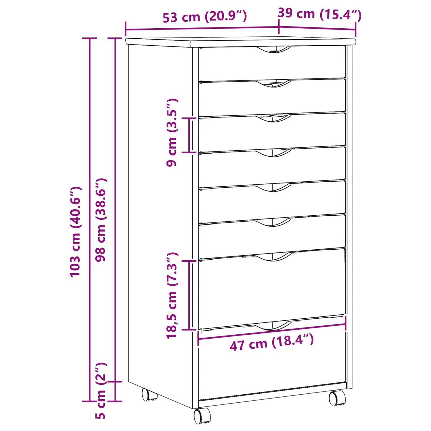 Rolling Cabinet with Drawers MOSS 53 x 39 x 103 cm