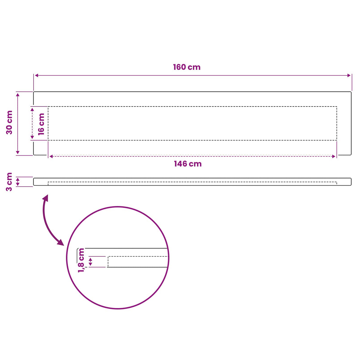 Rectangular Table Top 160 x 30 x 3.5 cm Rectangular White
