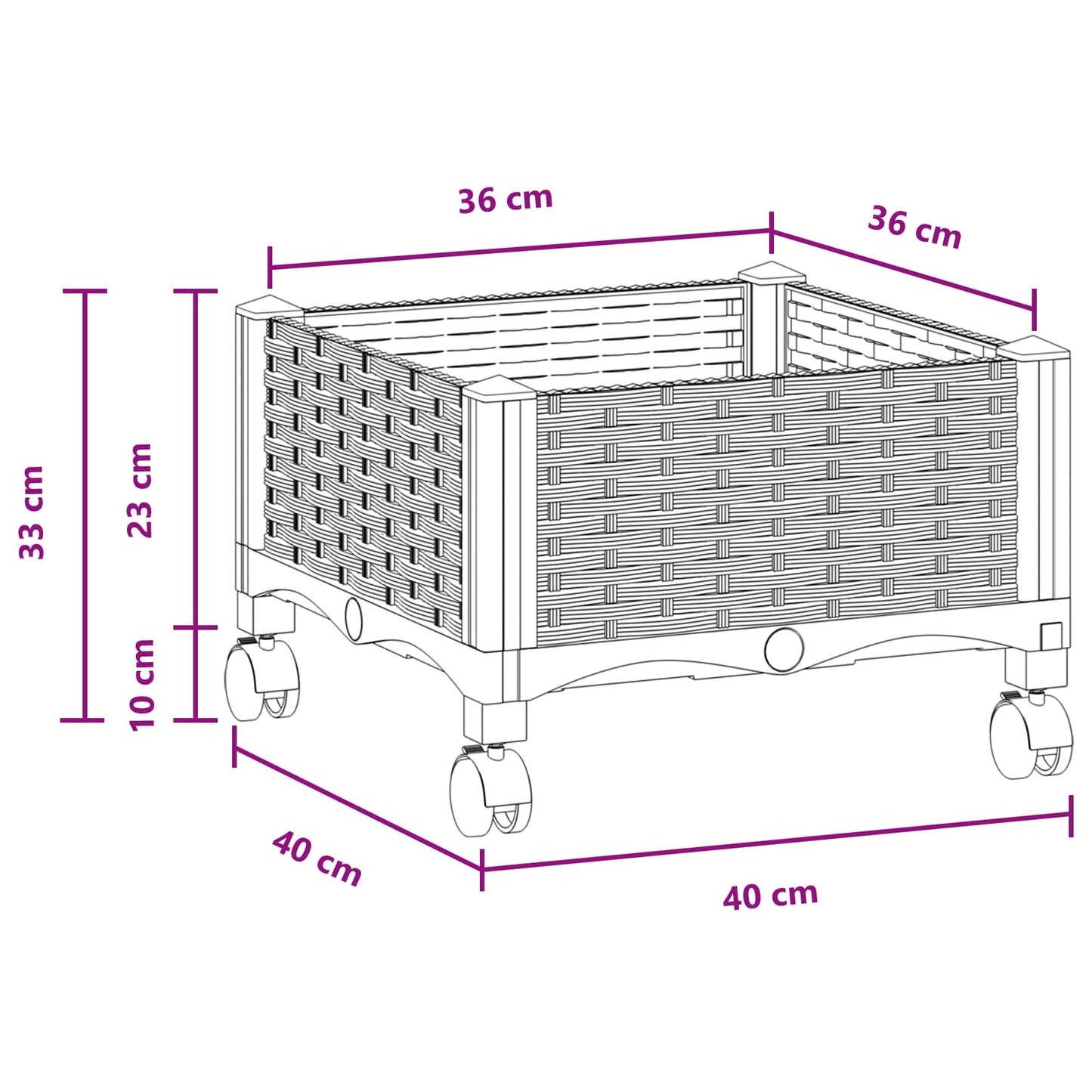 Garden Planter with Wheels Black 40 x 40 x 29 cm PP