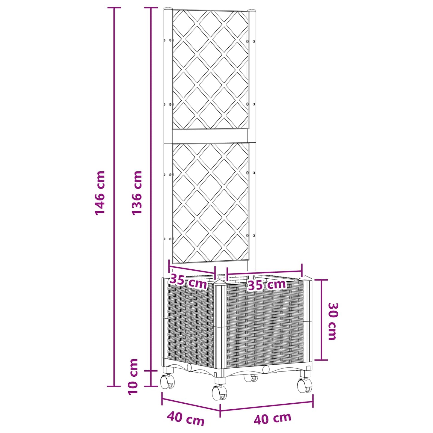 Garden Planter with Trellis&Wheels White 40 x 40 x 146 cm PP