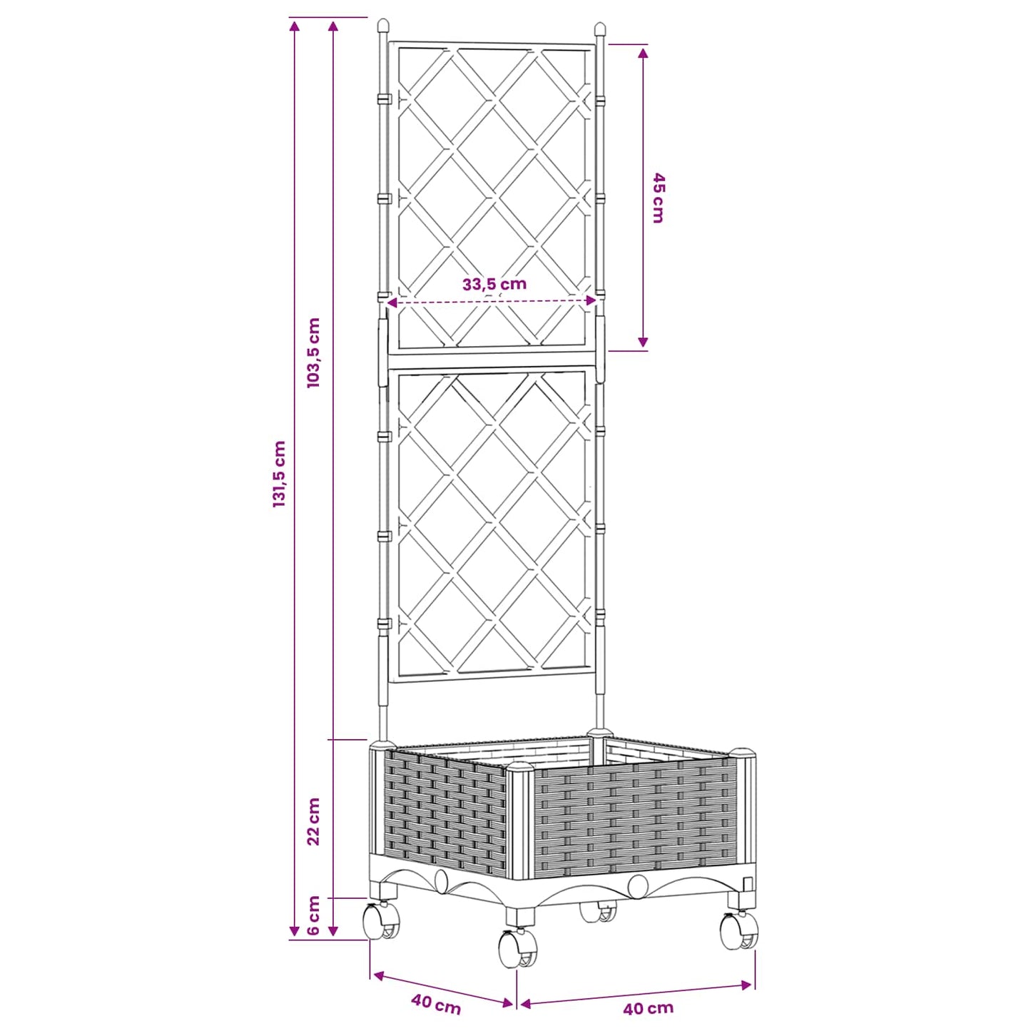 Garden Planter with Trellis&Wheels Black 40 x 40 x 131.5 cm PP