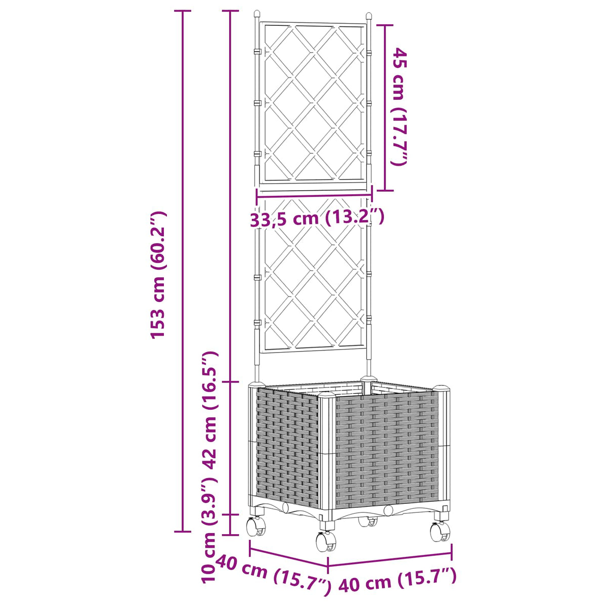 Garden Planter with Trellis&Wheels Grey 40 x 40 x 149 cm PP
