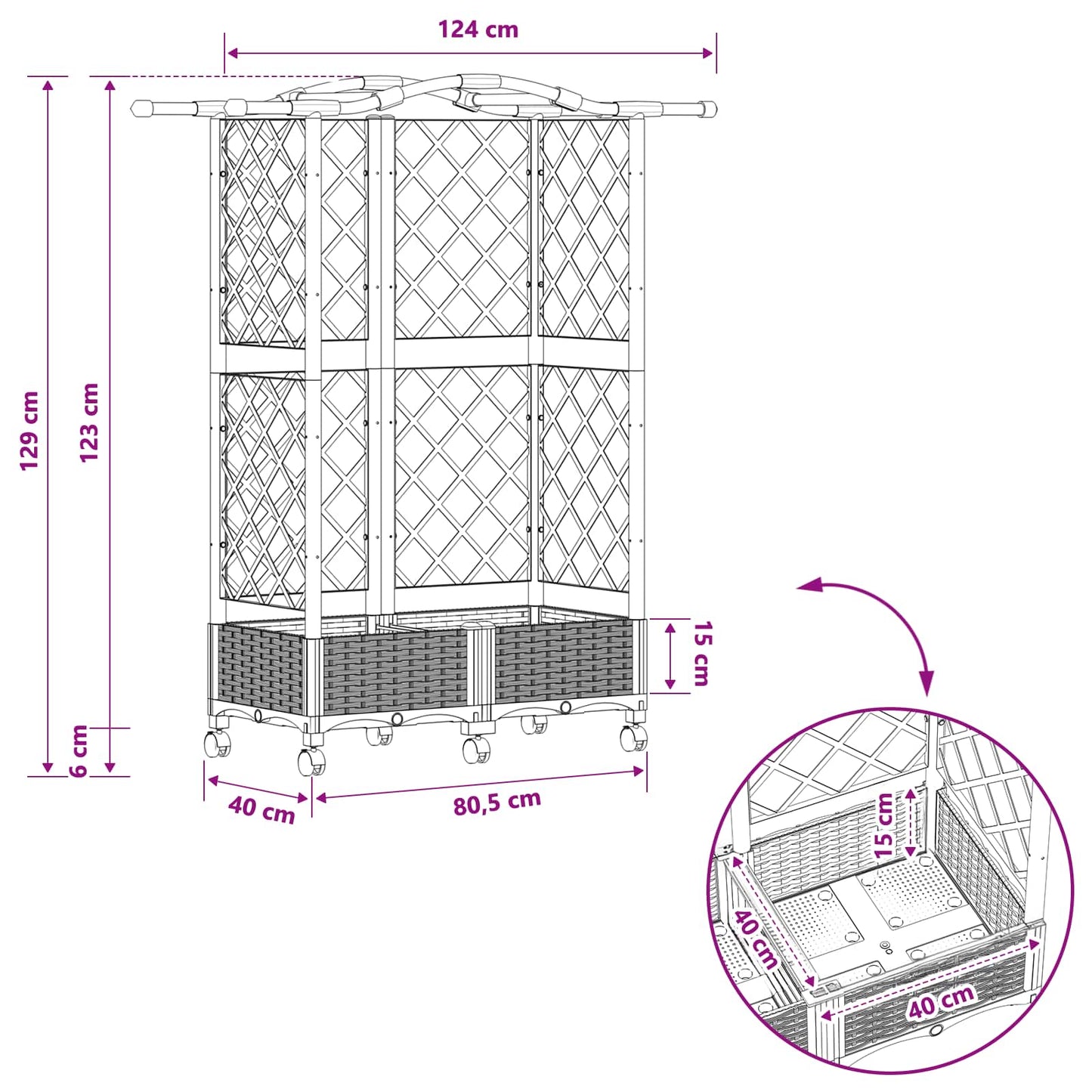 Raised Bed with Trellis and Roof Black 124 x 40 x 129 cm PP