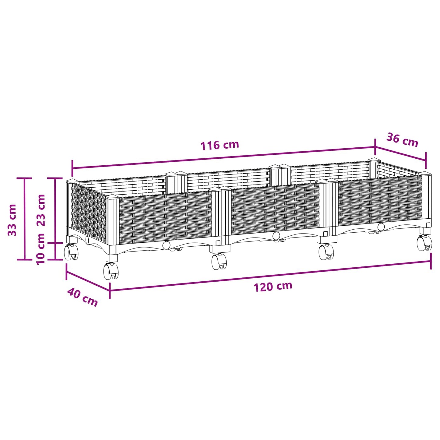 Garden Planter with Wheels Black 120 x 40 x 29 cm PP
