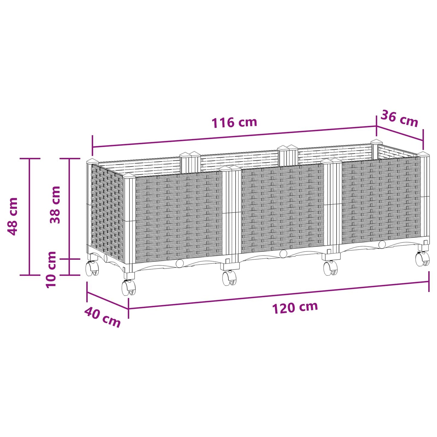 Garden Planter with Wheels White 120 x 40 x 48 cm PP