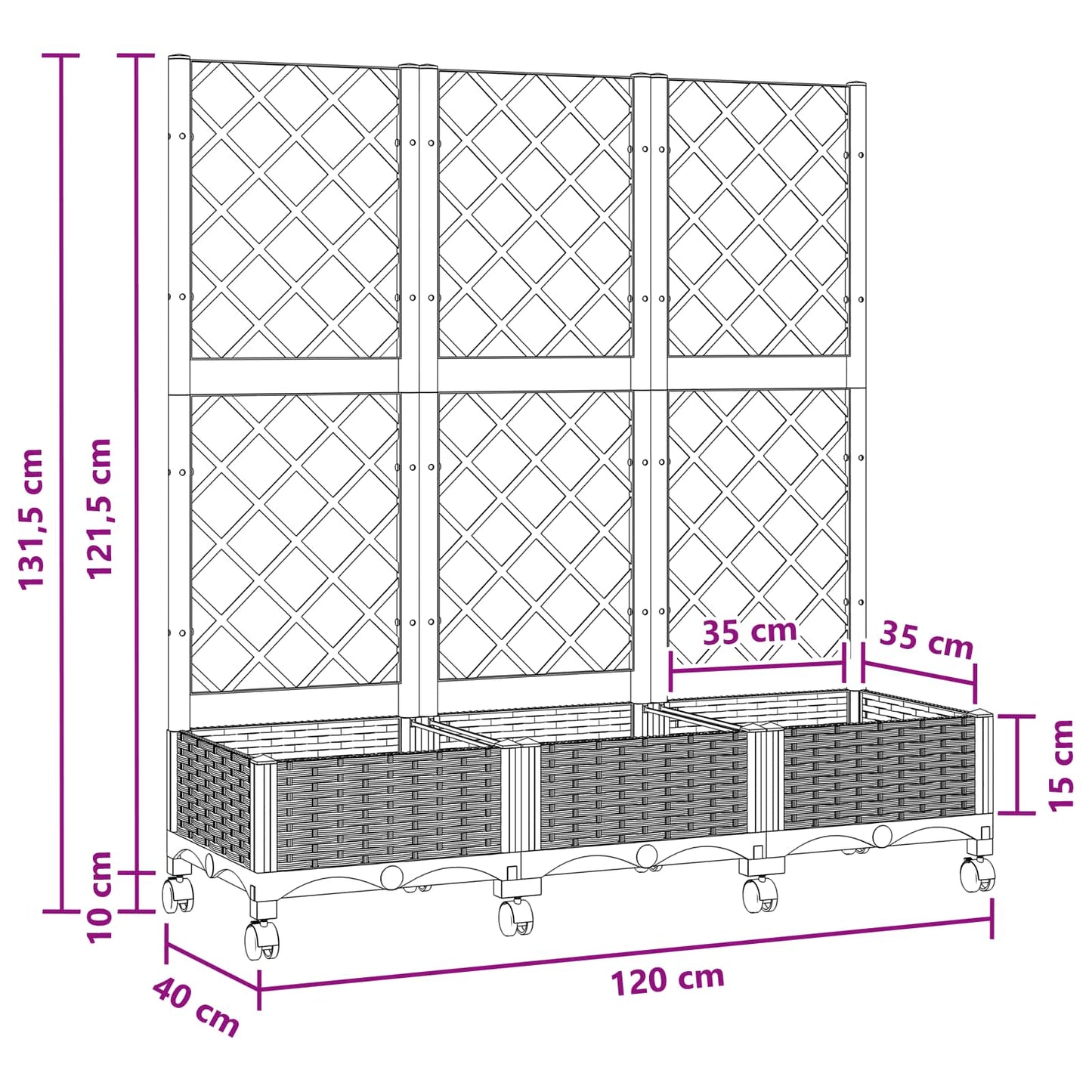 Garden Planter with Trellis&Wheels White 120 x 40 x 131.5 cm PP