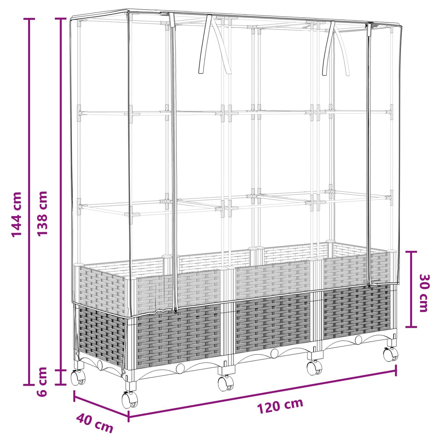 Garden Planter with Greenhouse Cover&Wheels 3 pcs Black PP