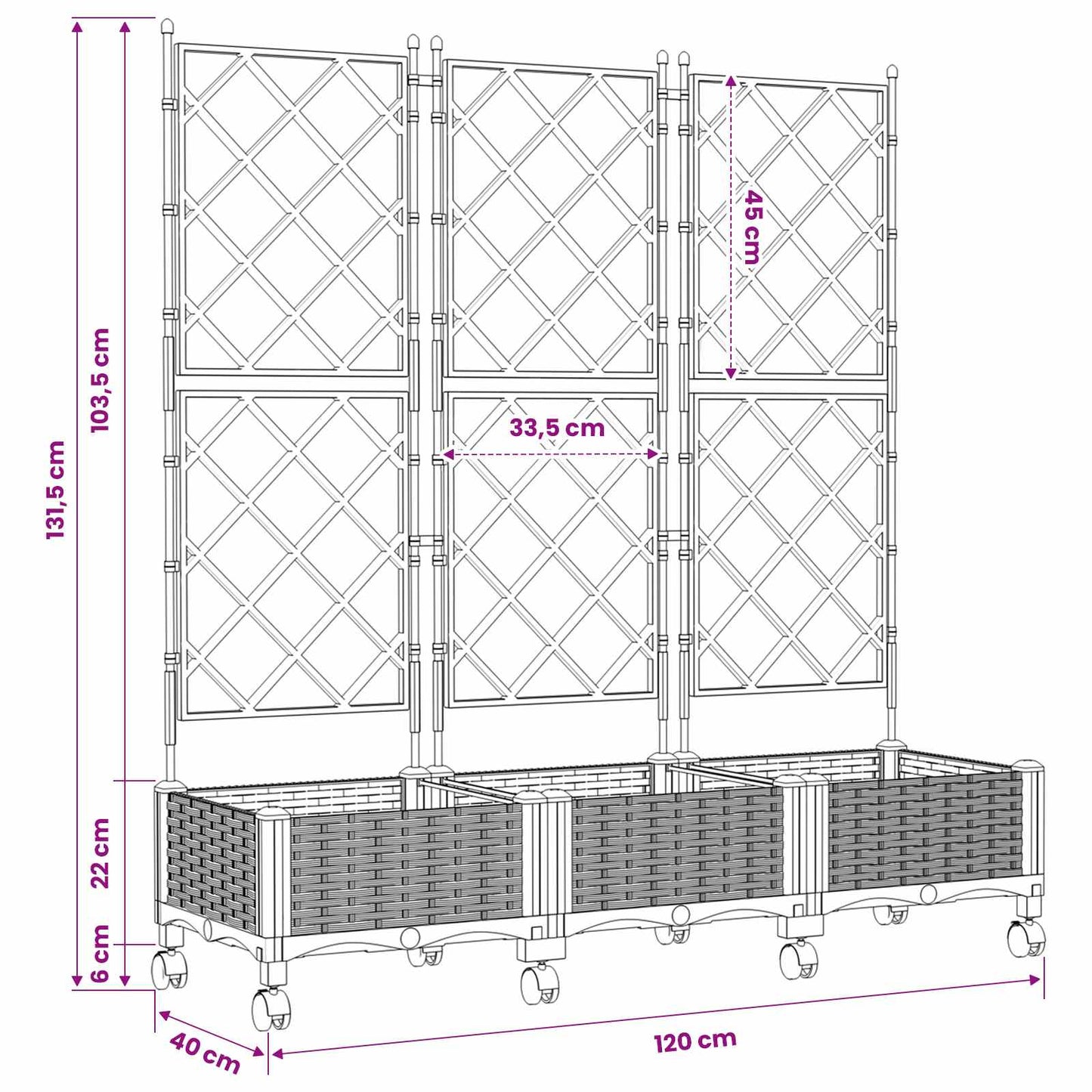 Garden Planter with Trellis&Wheels 3 pcs Black PP
