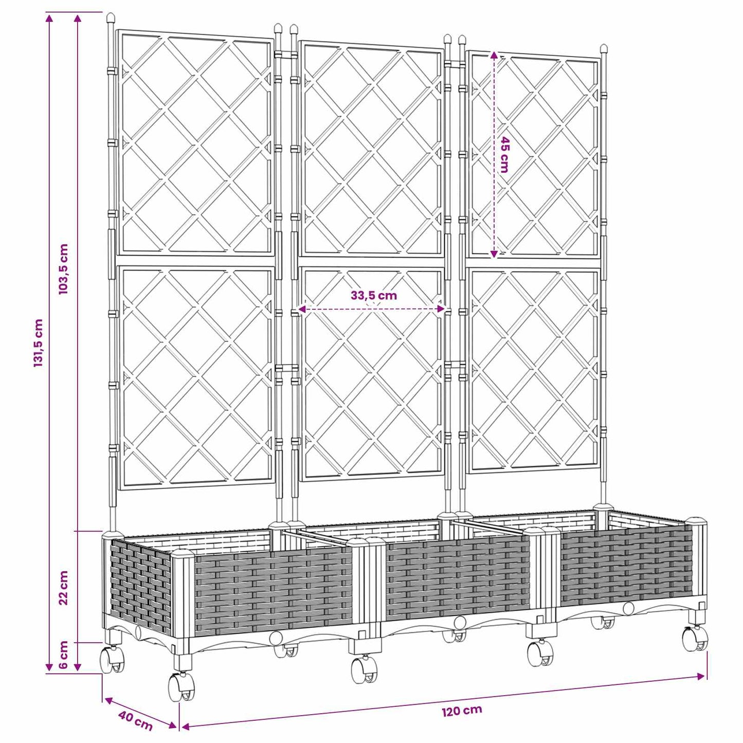 Garden Planter with Trellis&Wheels 3 pcs Grey PP